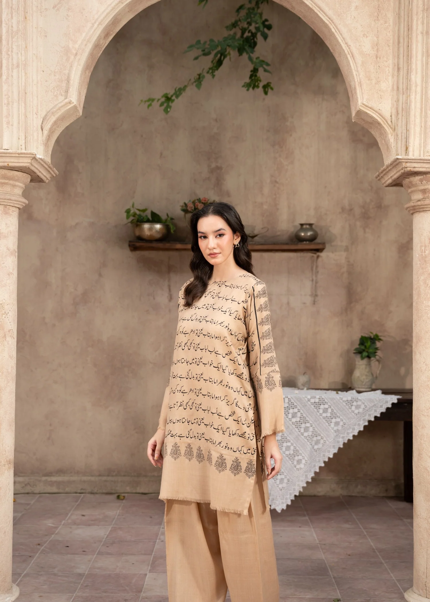pashmina wool Kurta Set in Beige - view 5