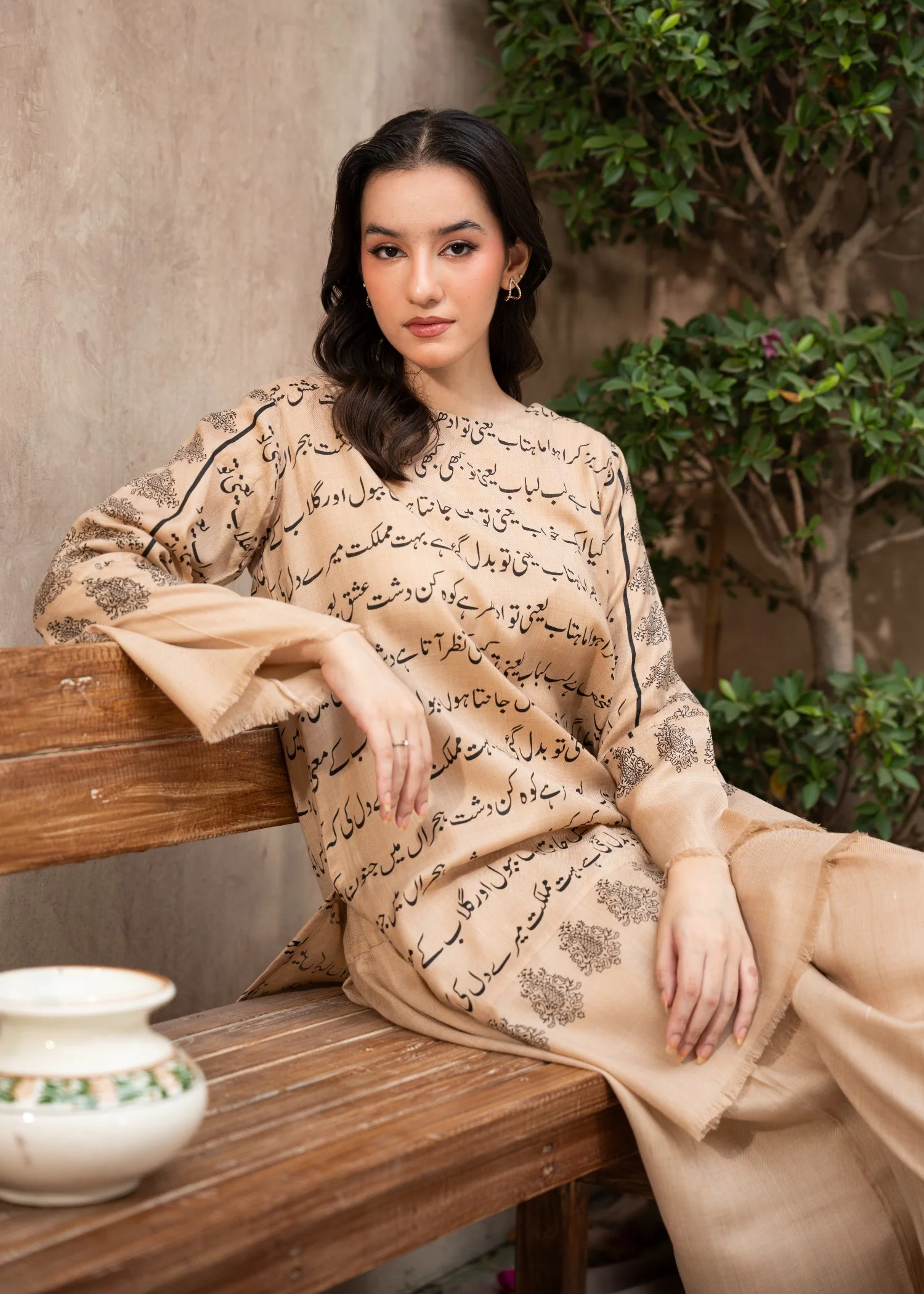pashmina wool Kurta Set in Beige - view 7
