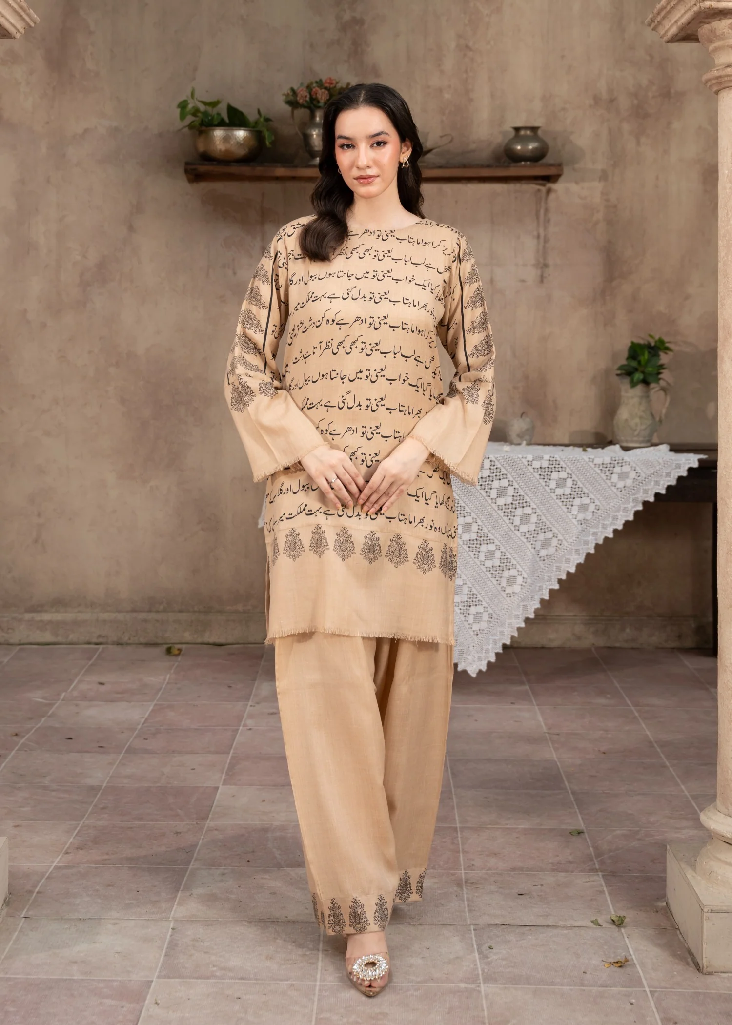 pashmina wool Kurta Set in Beige