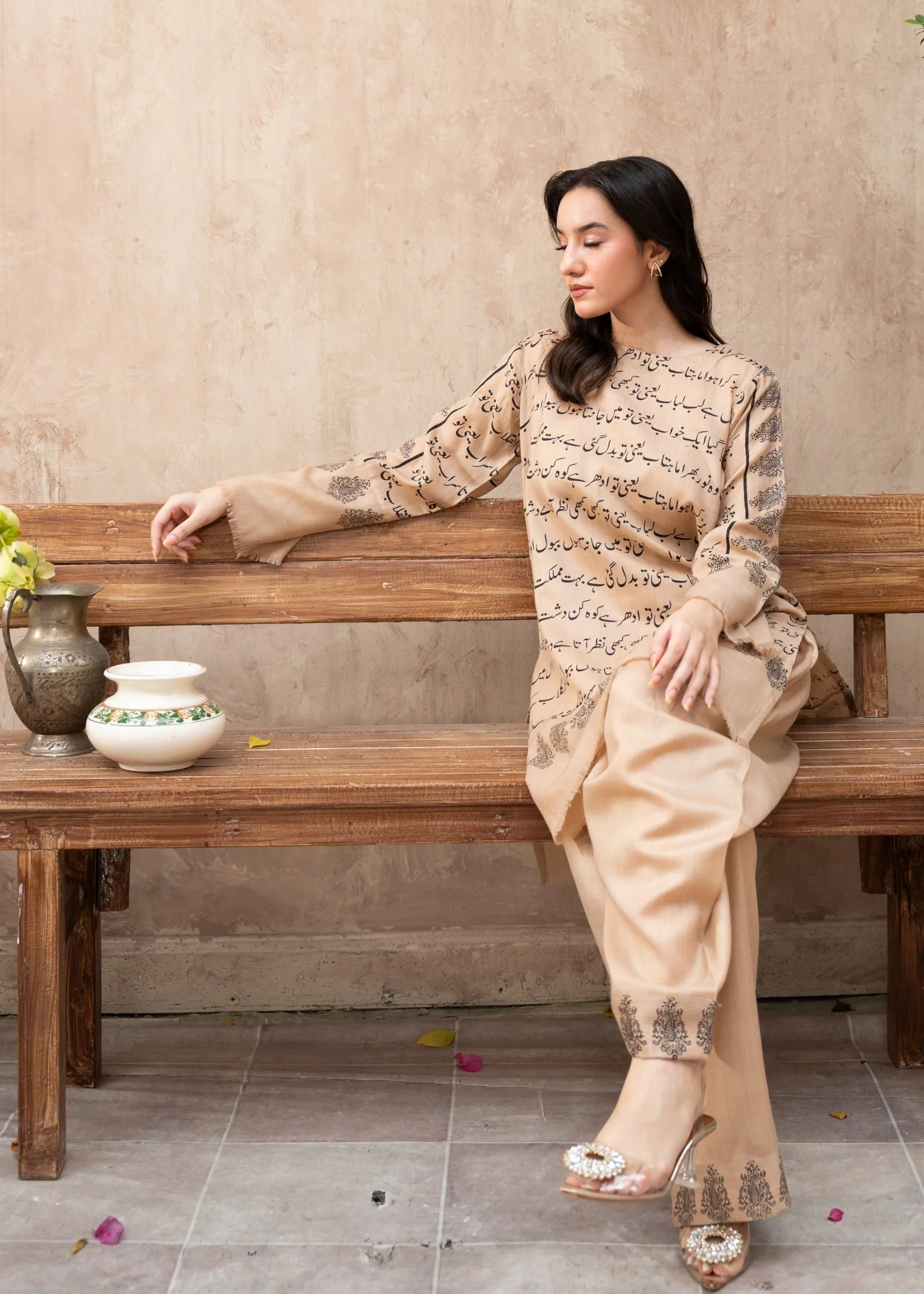 pashmina wool Kurta Set in Beige - view 6