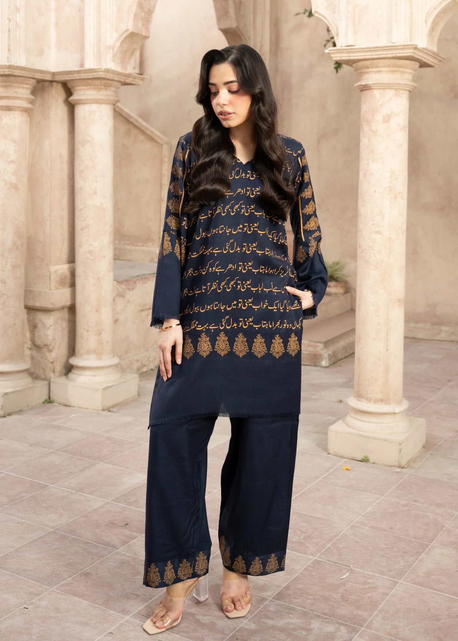 pashmina wool Kurta Set in Navy blue - view 7