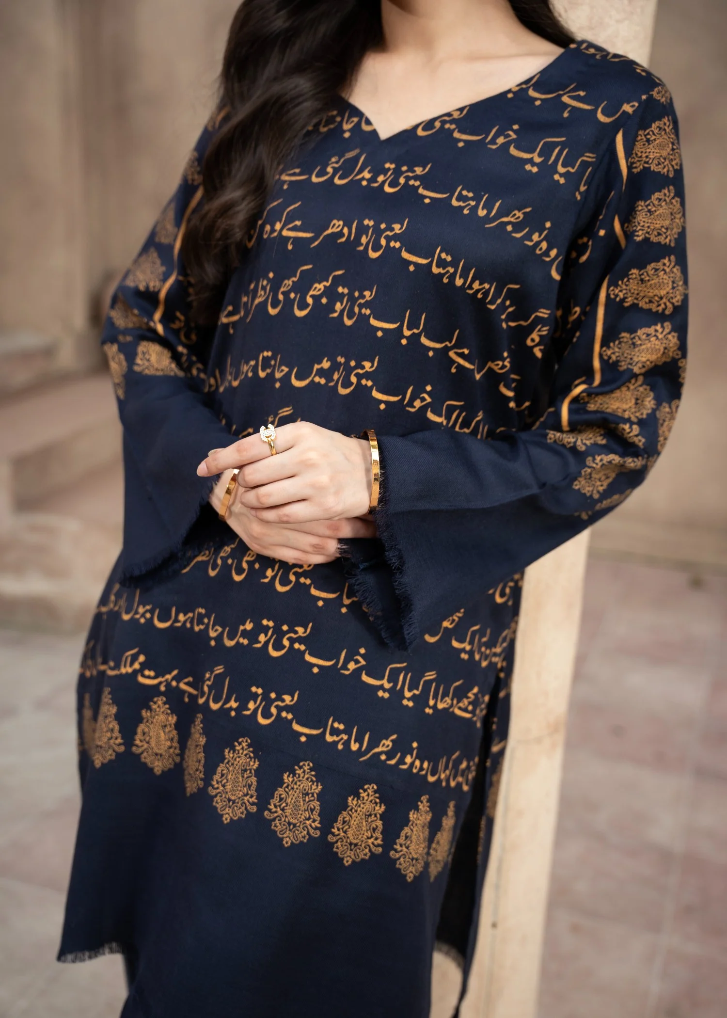 pashmina wool Kurta Set in Navy blue - view 5