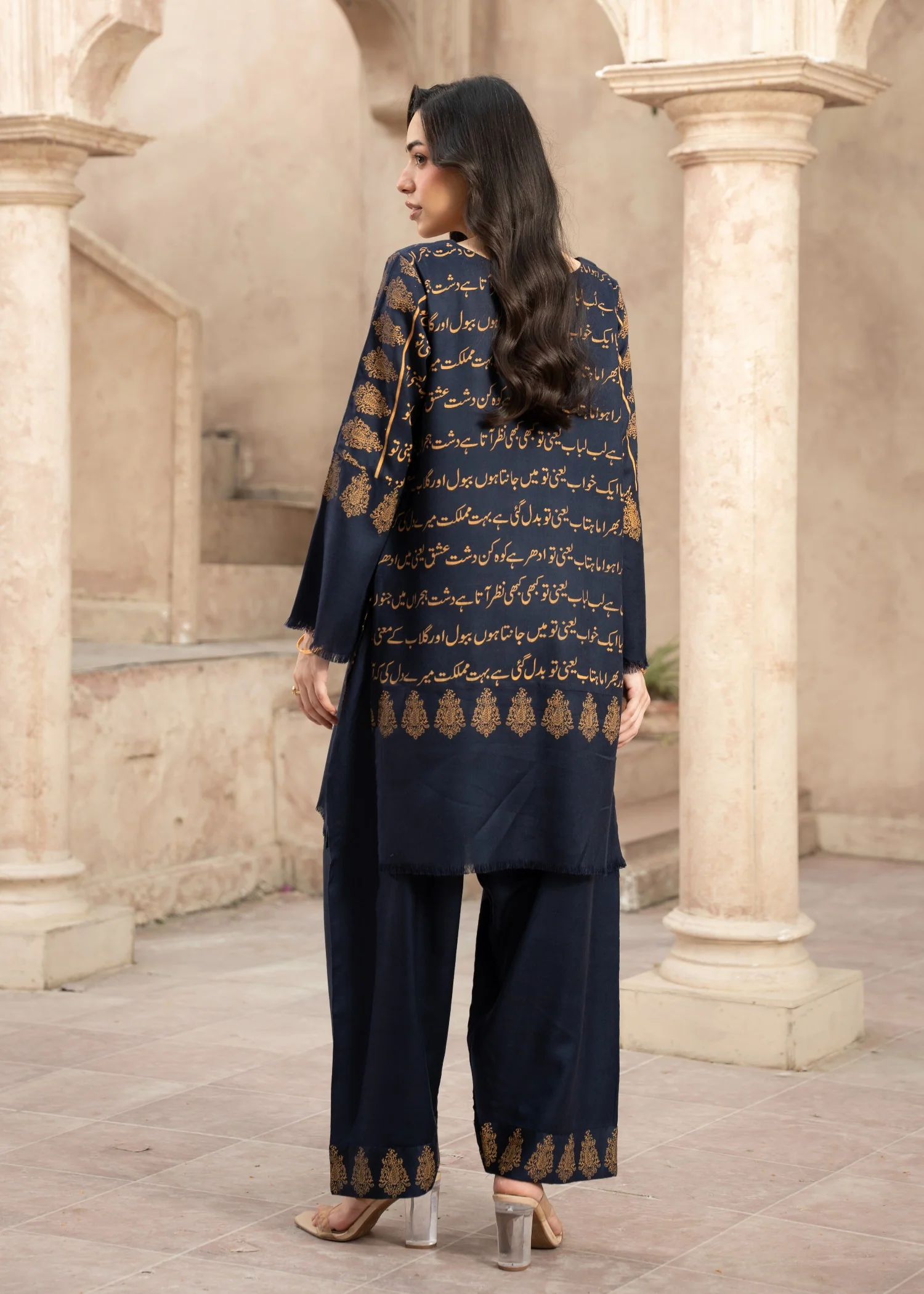 pashmina wool Kurta Set in Navy blue - view 4