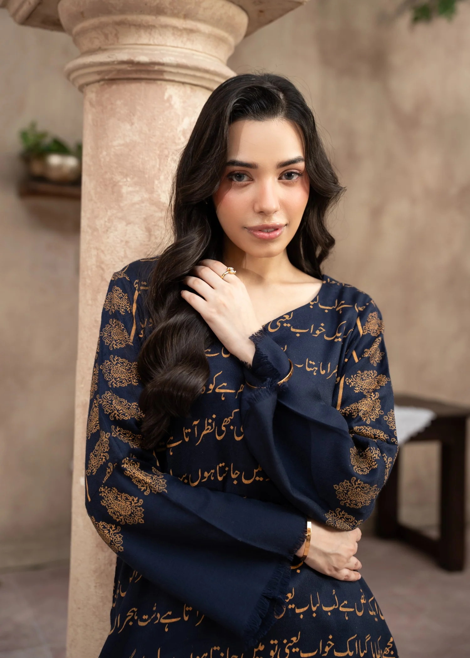 pashmina wool Kurta Set in Navy blue - view 2