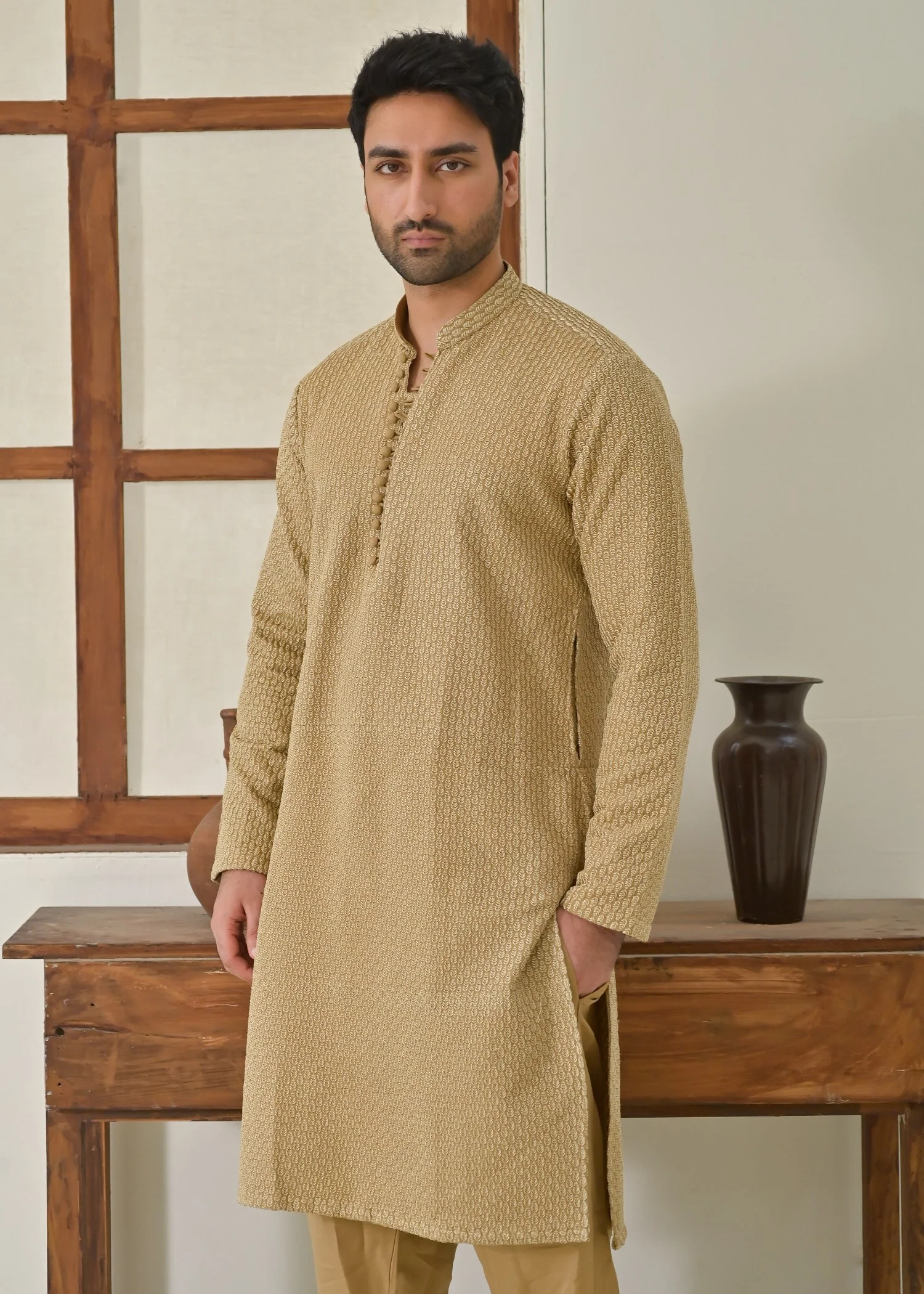 raw silk Kurta Set in Beige - view 2