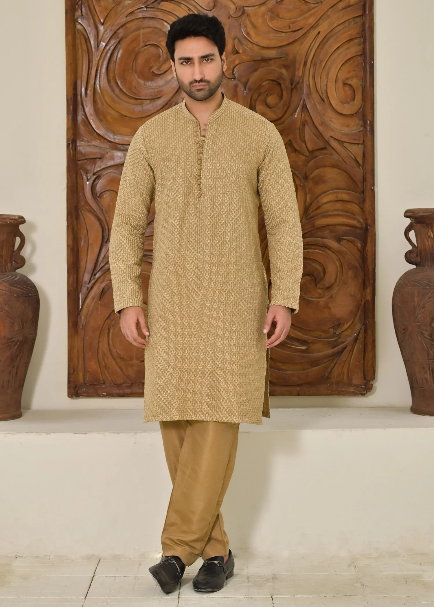 raw silk Kurta Set in Beige - view 4