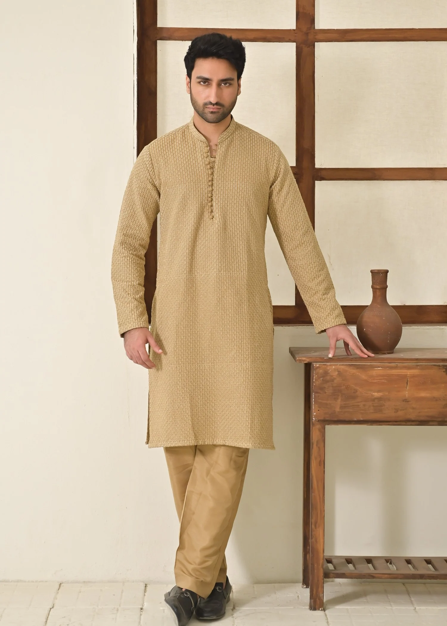 raw silk Kurta Set in Beige - view 3