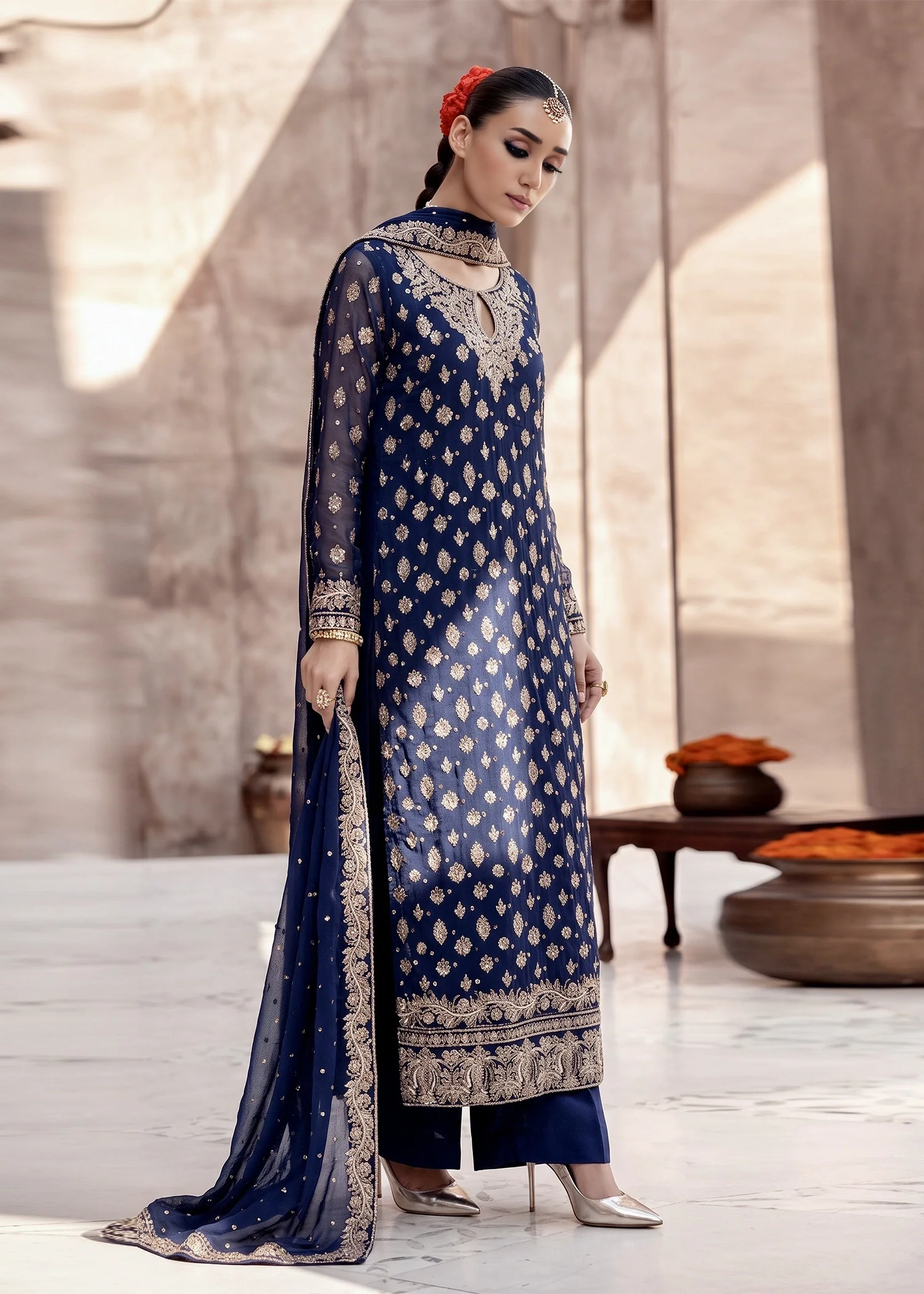 chiffon Kurta Set in Navy blue - view 3
