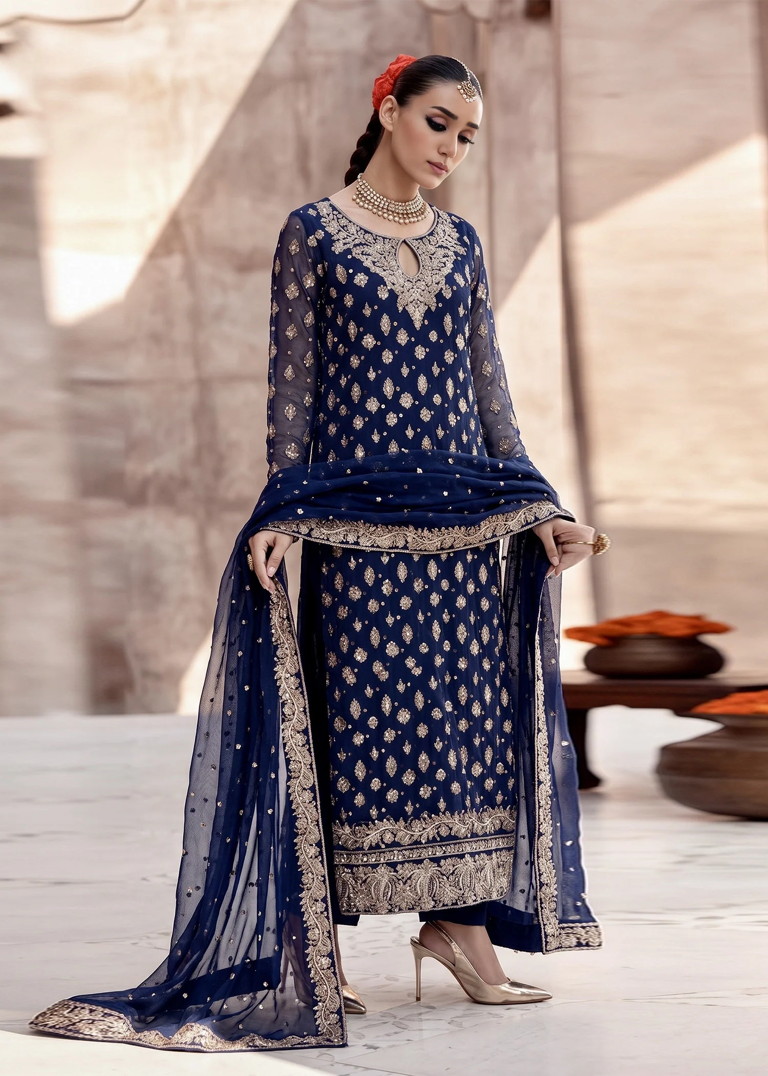 chiffon Kurta Set in Navy blue - view 4
