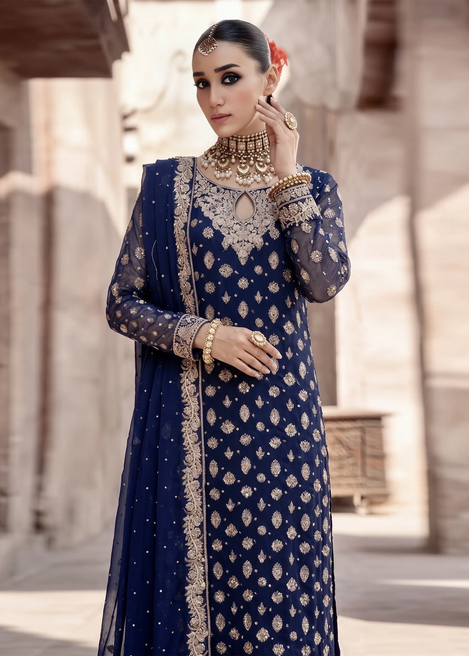 chiffon Kurta Set in Navy blue - view 2