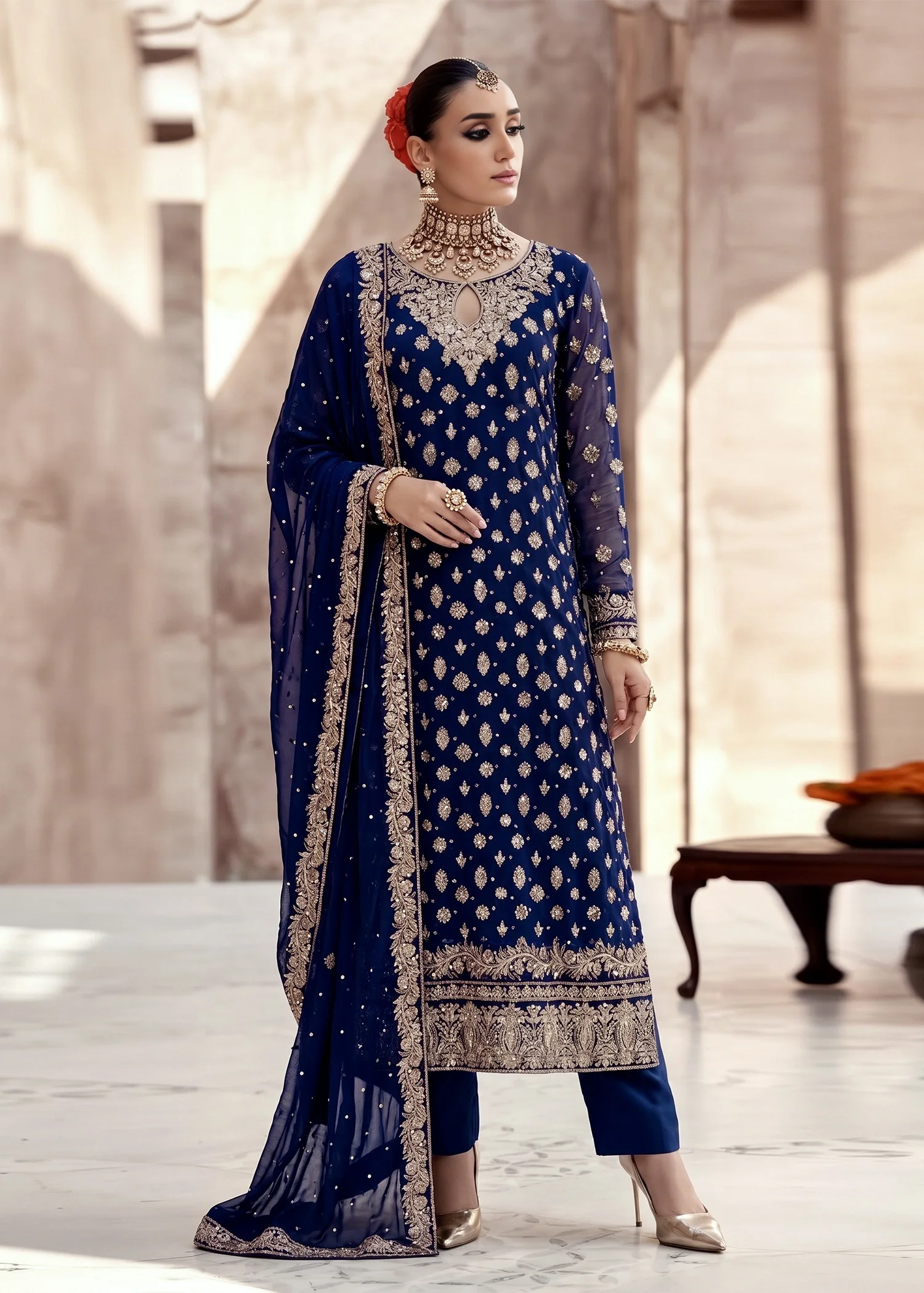 chiffon Kurta Set in Navy blue