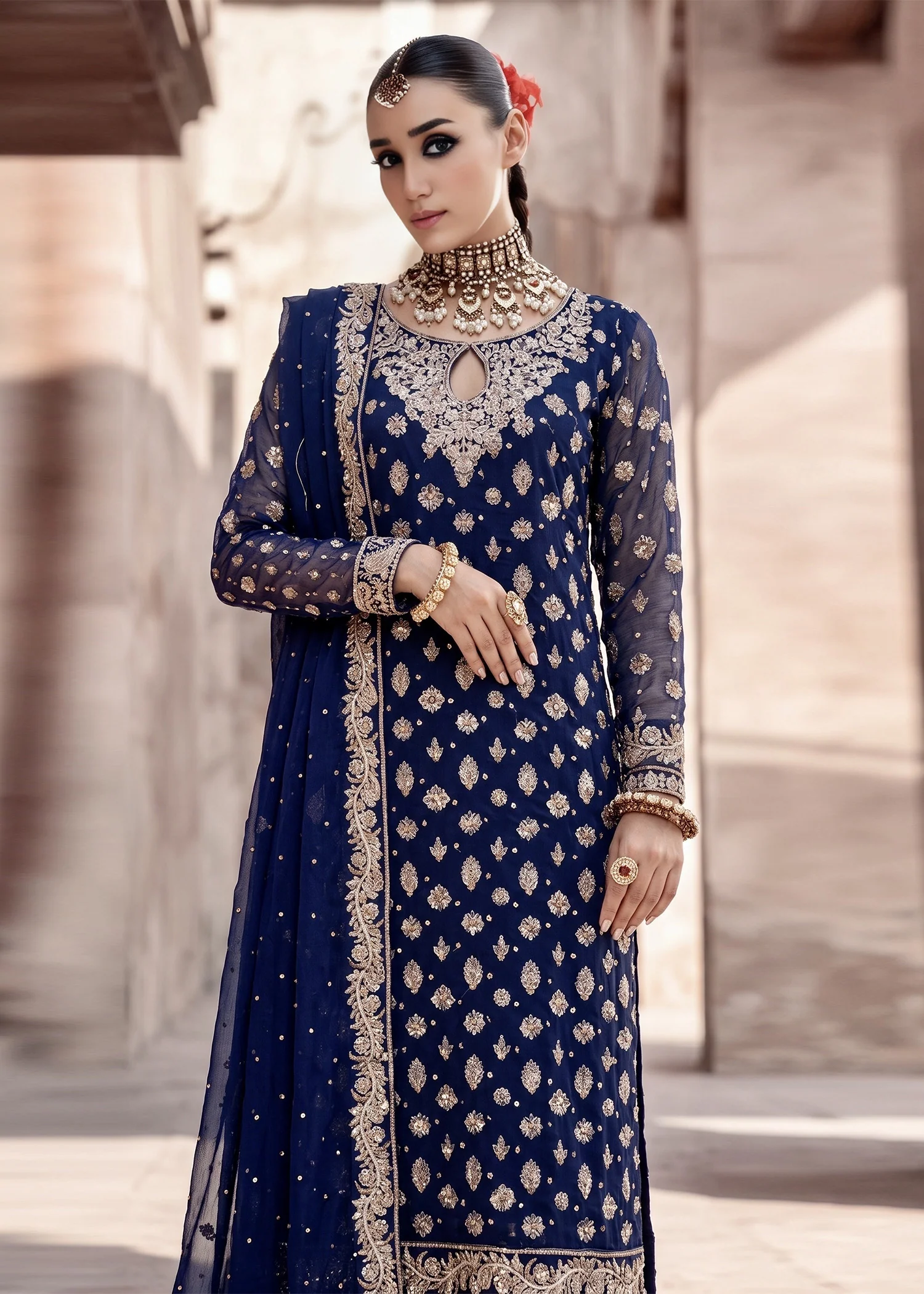 chiffon Kurta Set in Navy blue - view 5