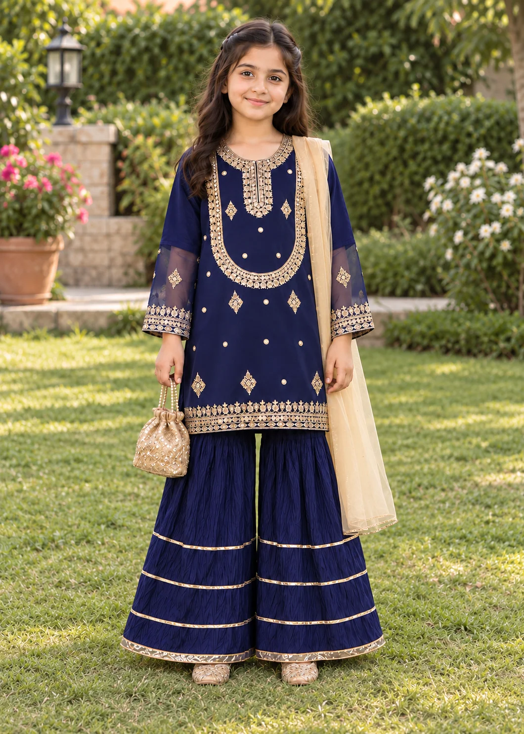 organza Gharara in Dark blue
