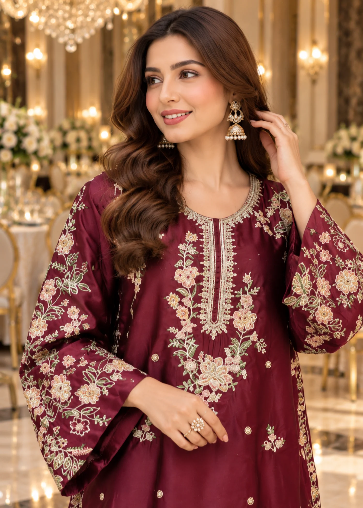 silk charmeuse Kaftan in Maroon - view 4