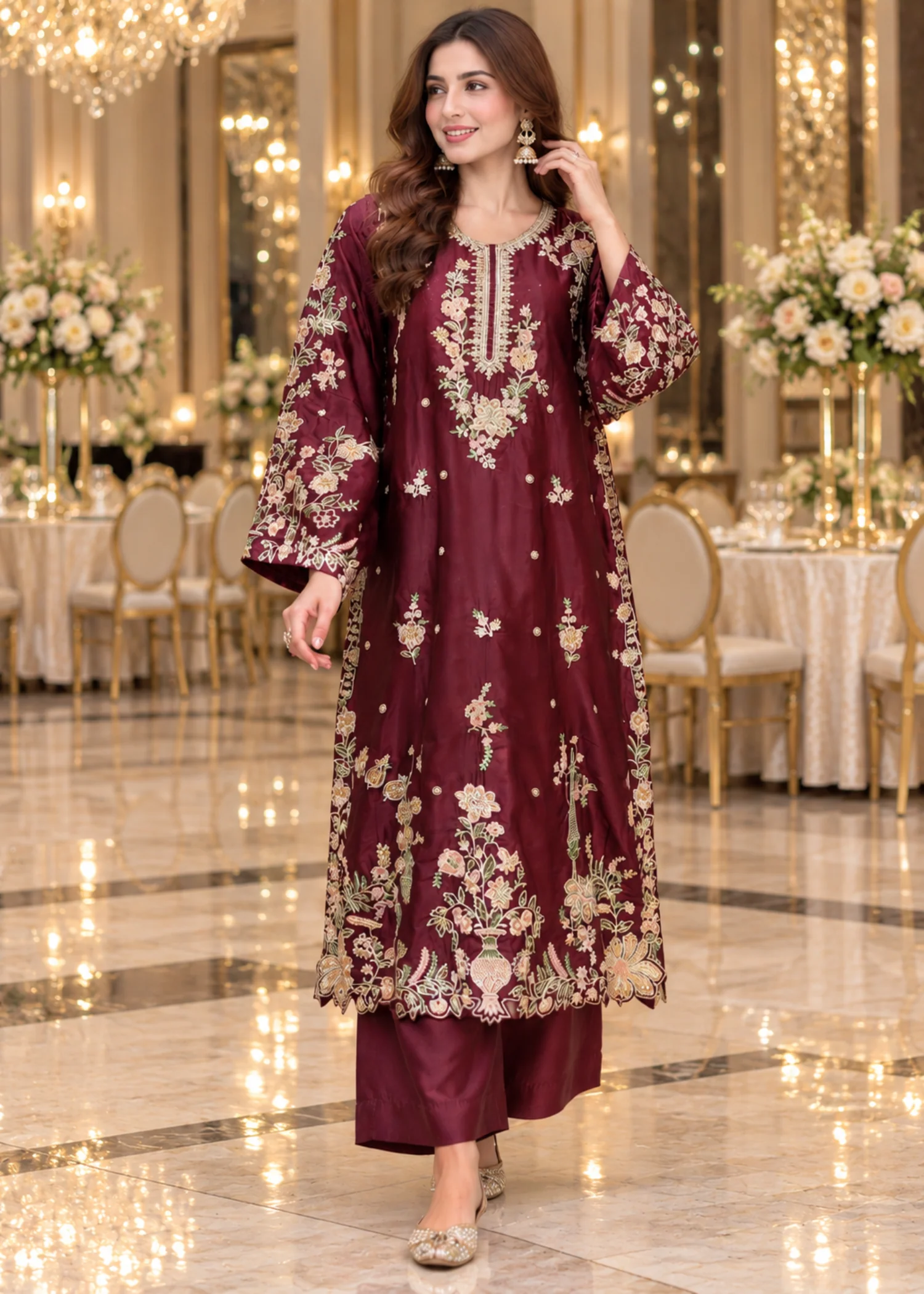 silk charmeuse Kaftan in Maroon