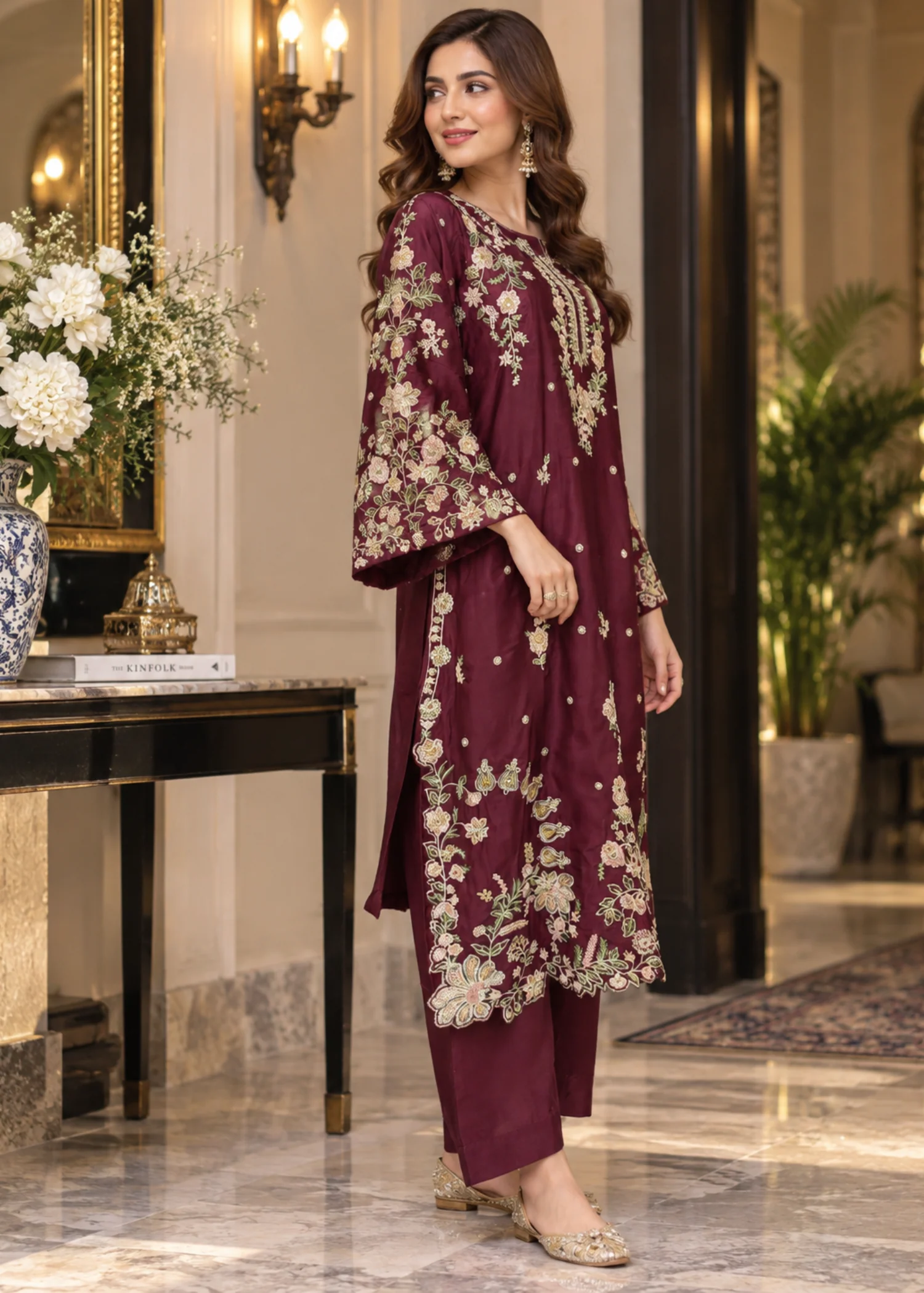 silk charmeuse Kaftan in Maroon - view 3