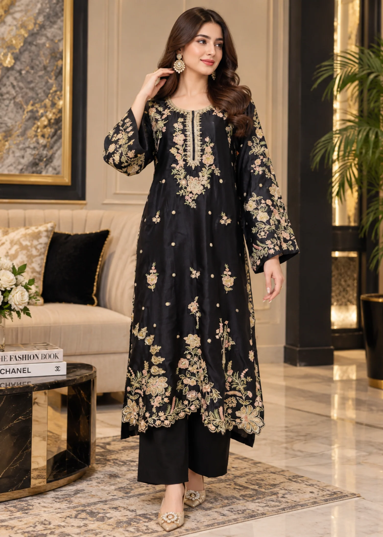 silk charmeuse Kaftan in Black