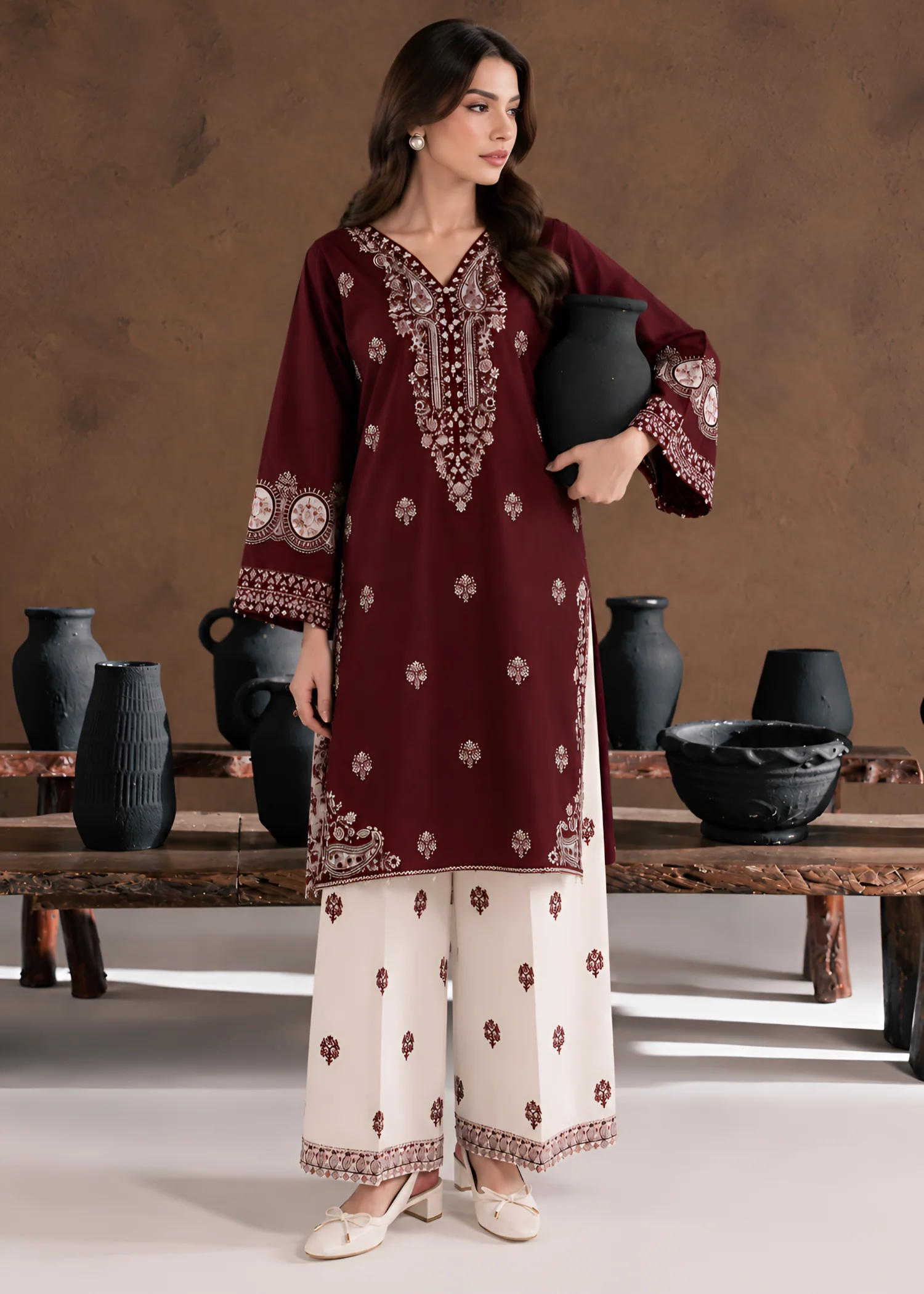 linen Kurta Set in Burgundy