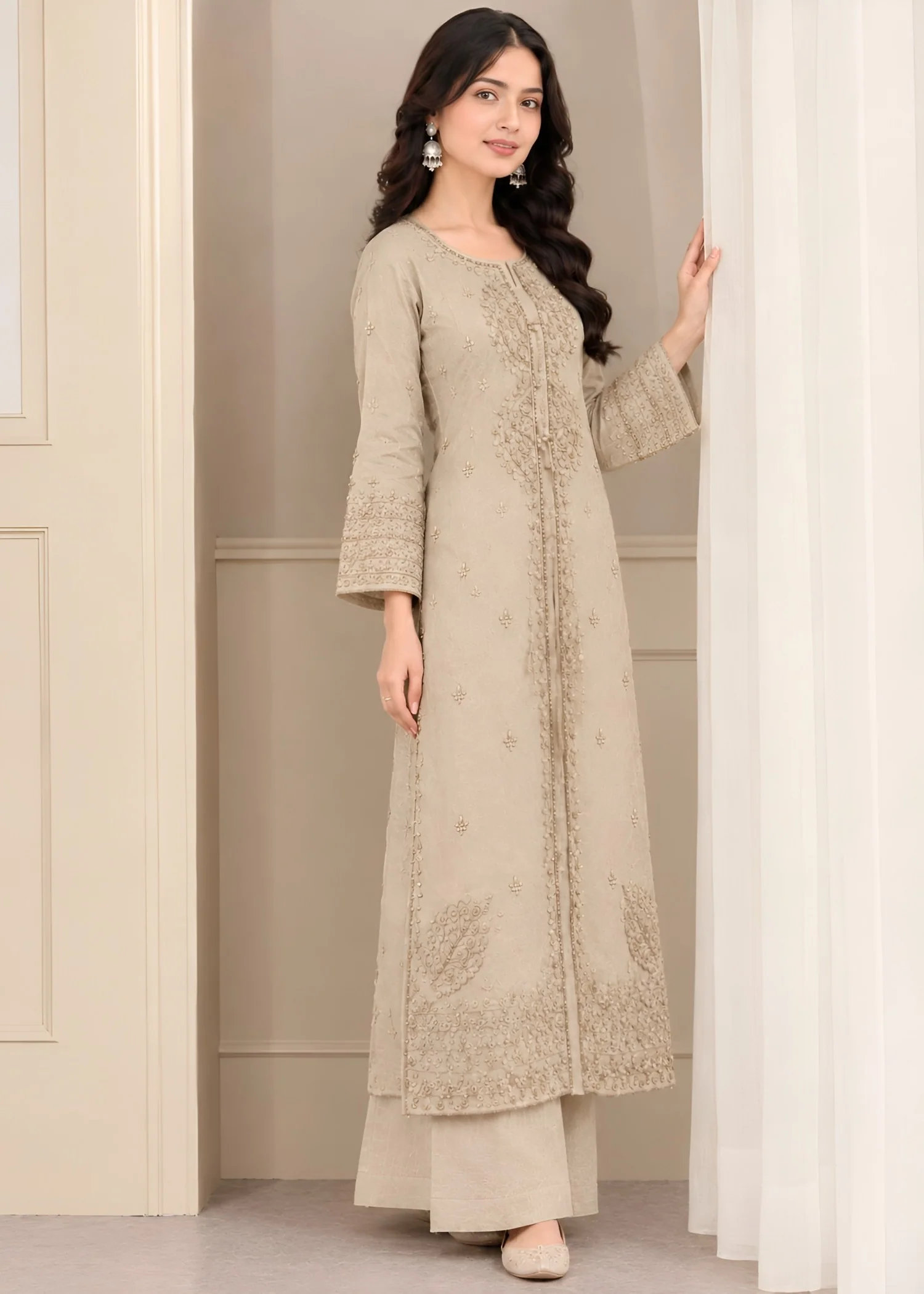 cotton linen Kurta Set in Beige