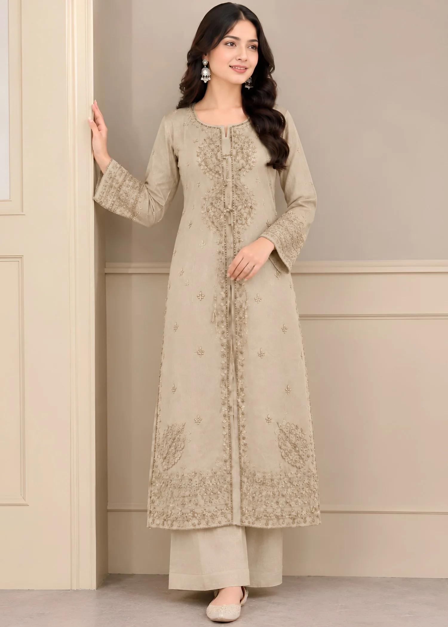 cotton linen Kurta Set in Beige - view 2