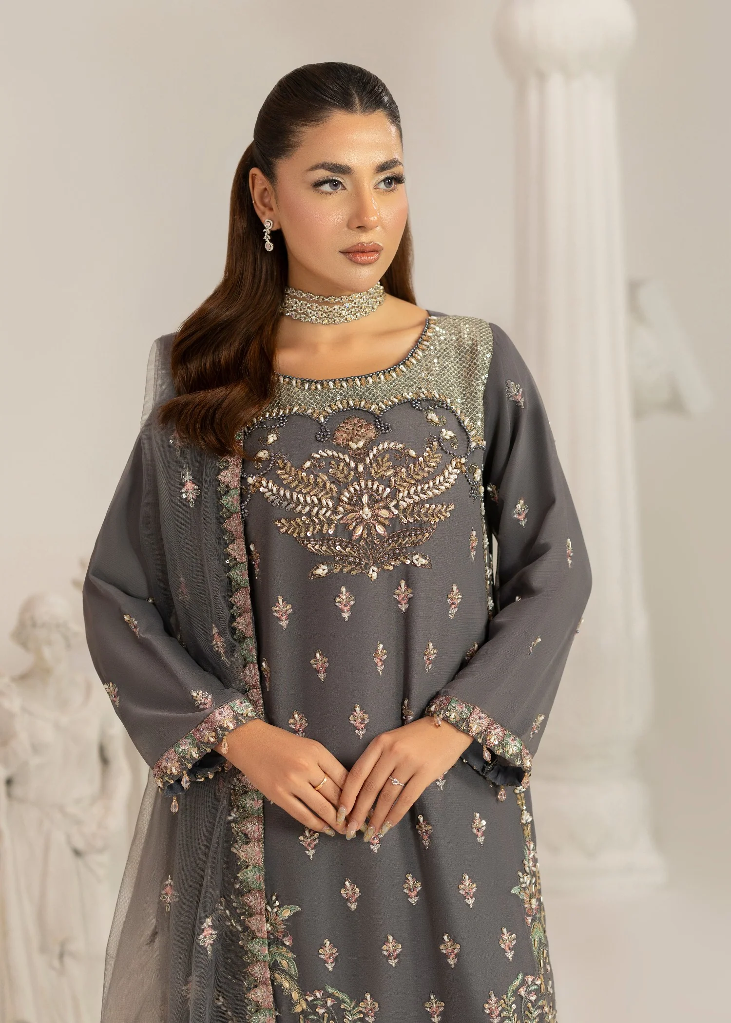 chiffon Kurta Set in Grey - view 3