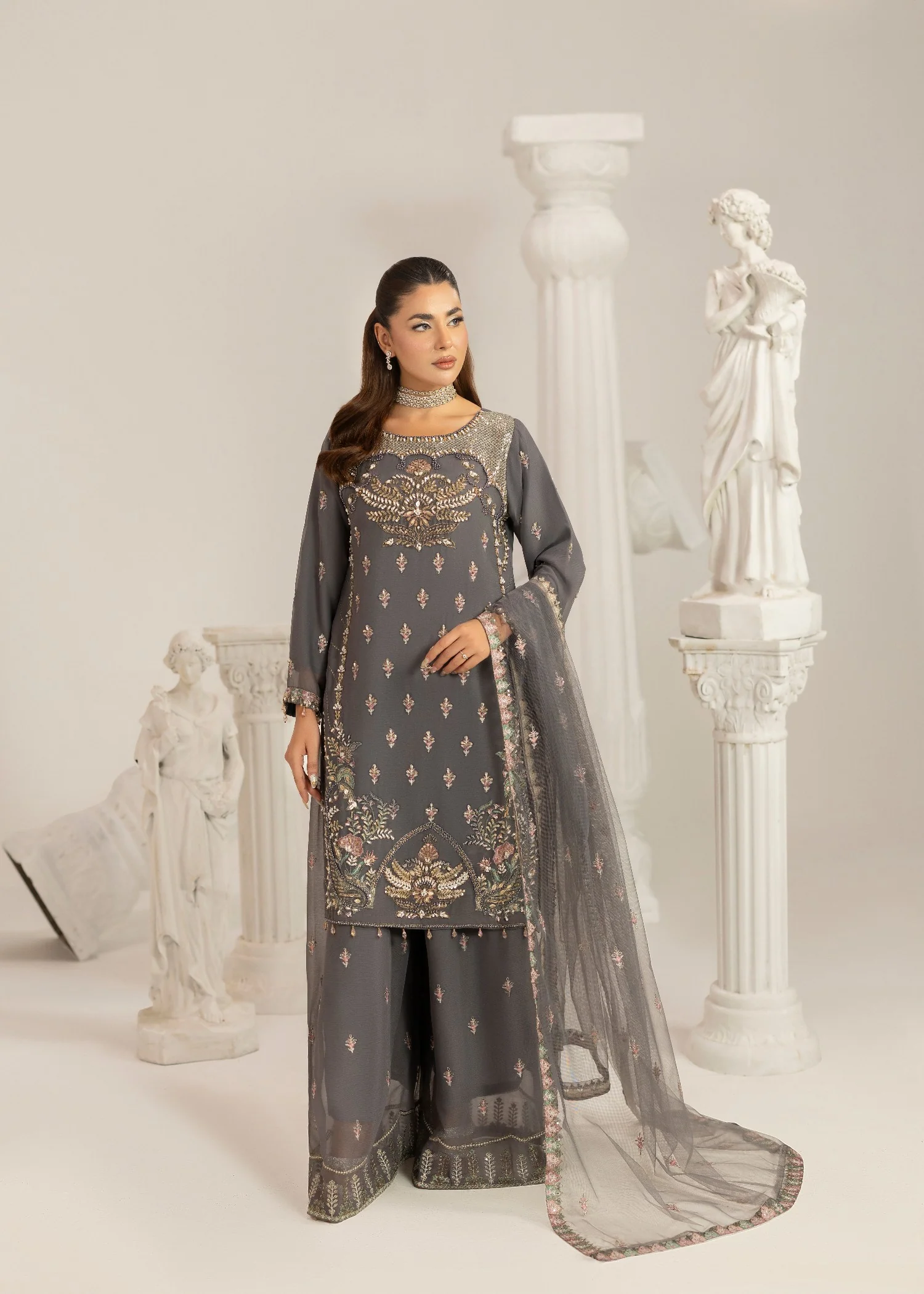 chiffon Kurta Set in Grey