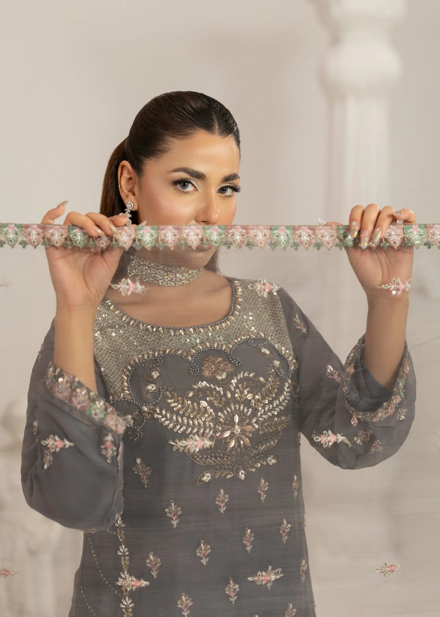 chiffon Kurta Set in Grey - view 4