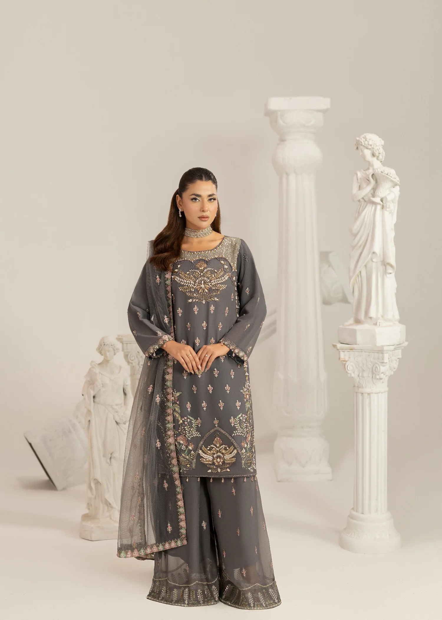 chiffon Kurta Set in Grey - view 7