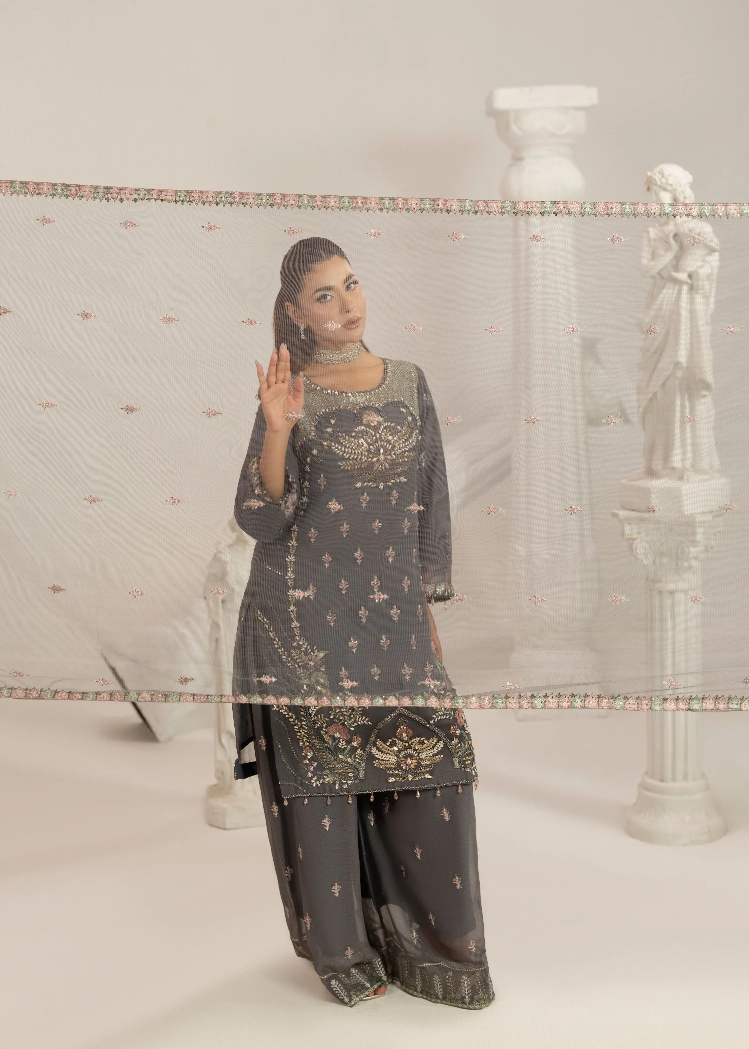 chiffon Kurta Set in Grey - view 2