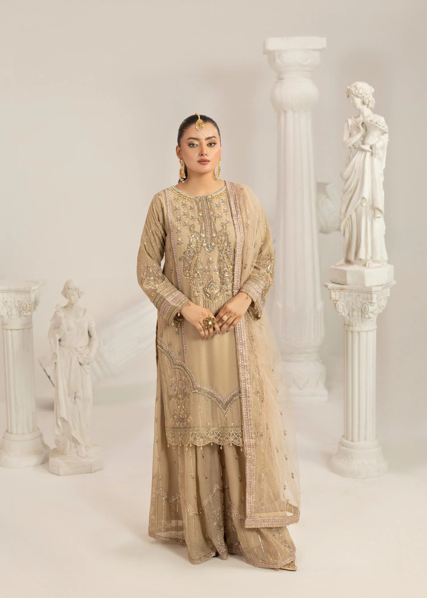 chiffon Kurta Set in Camel brown