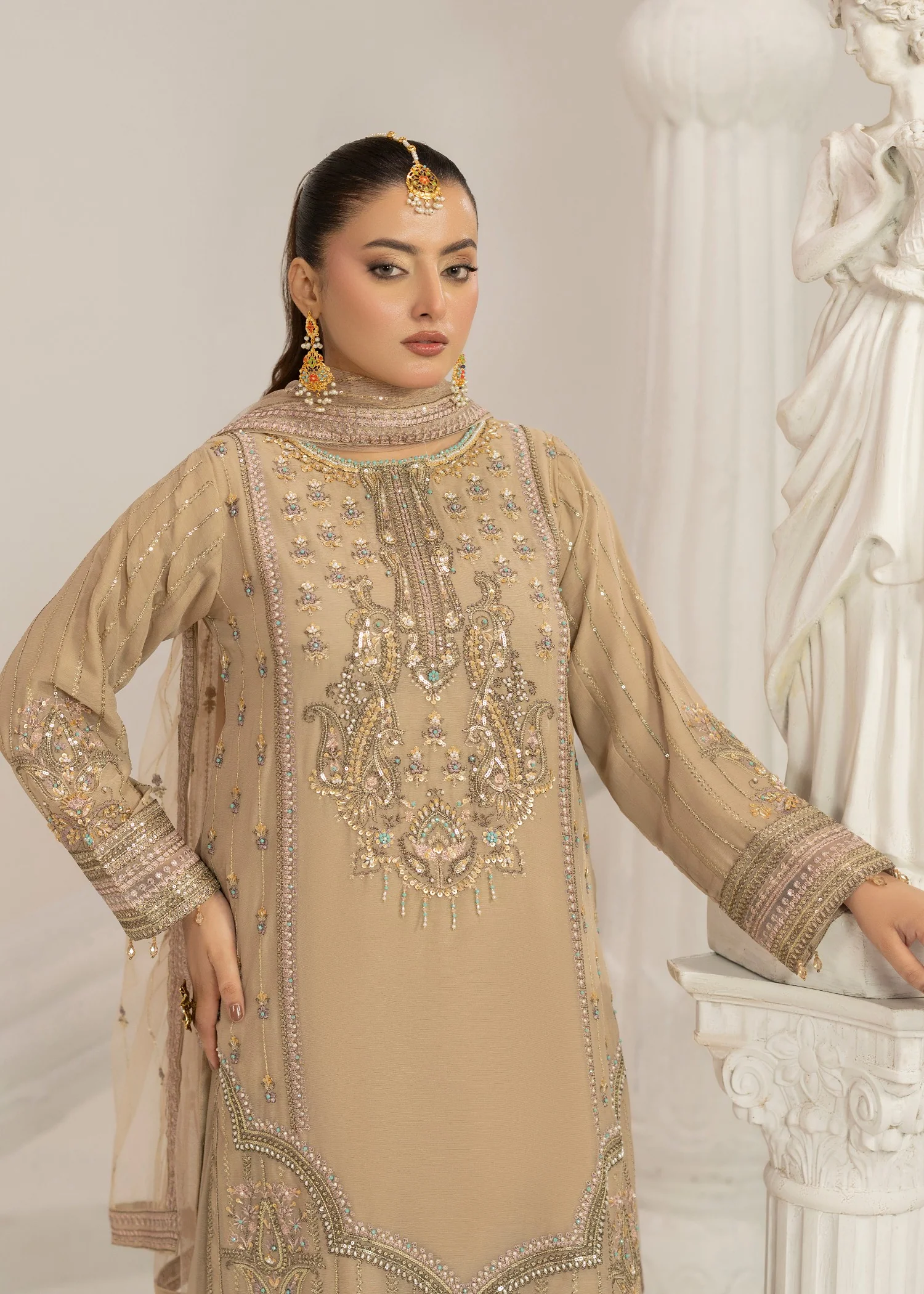 chiffon Kurta Set in Camel brown - view 6