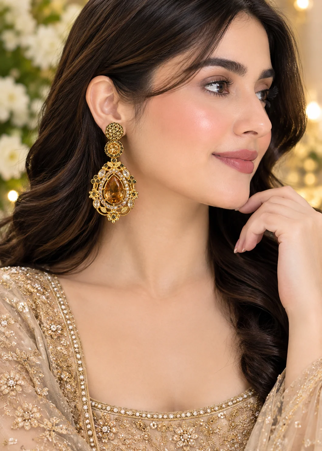 Earrings in White, golden orange Color by - Trendy Women Earrings HMD8997 - view 2