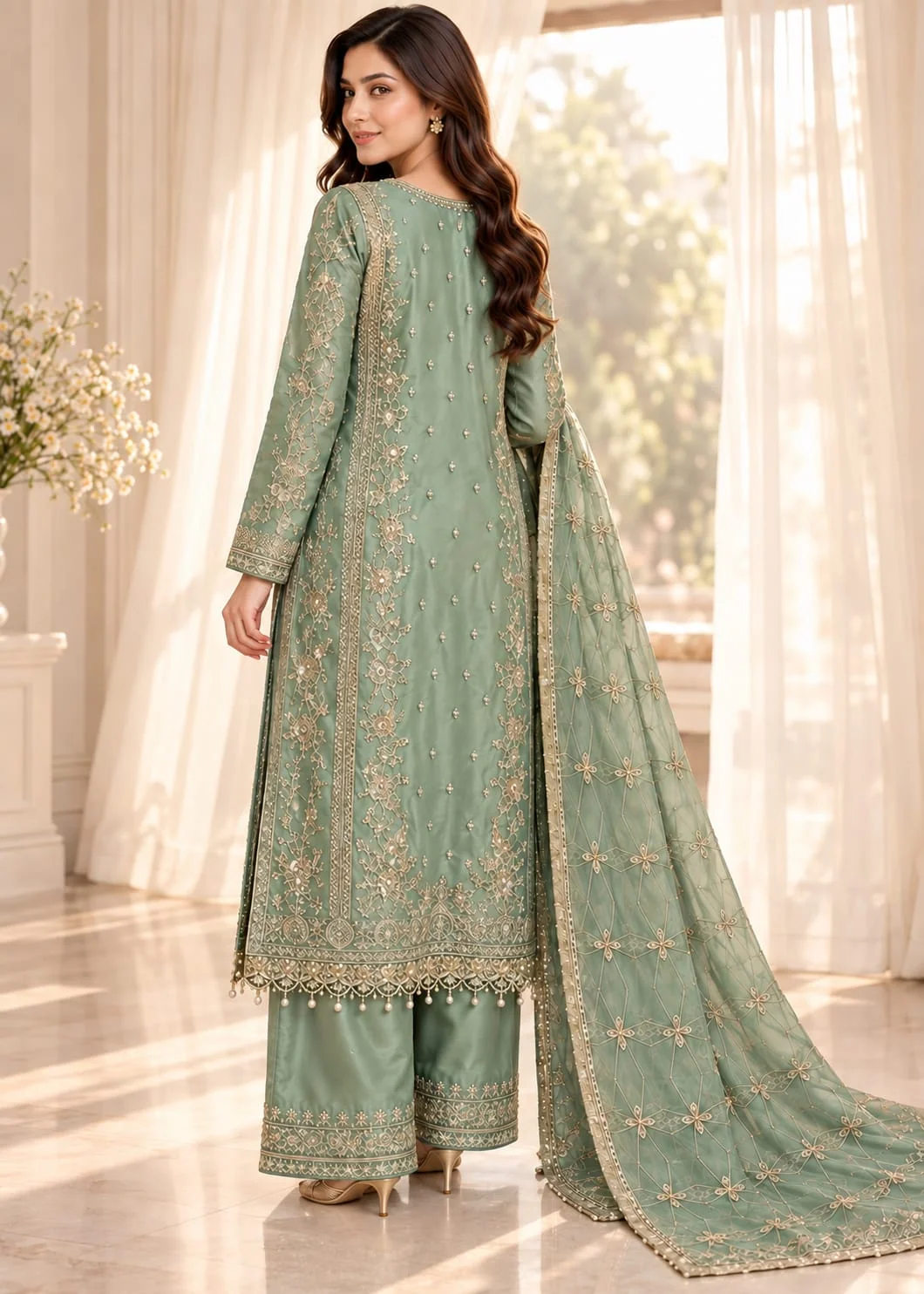 organza Kurta Set in Pistachio green - view 5