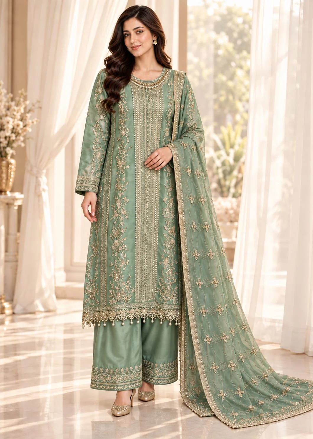 organza Kurta Set in Pistachio green