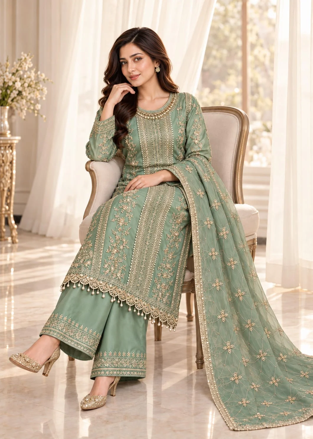organza Kurta Set in Pistachio green - view 4