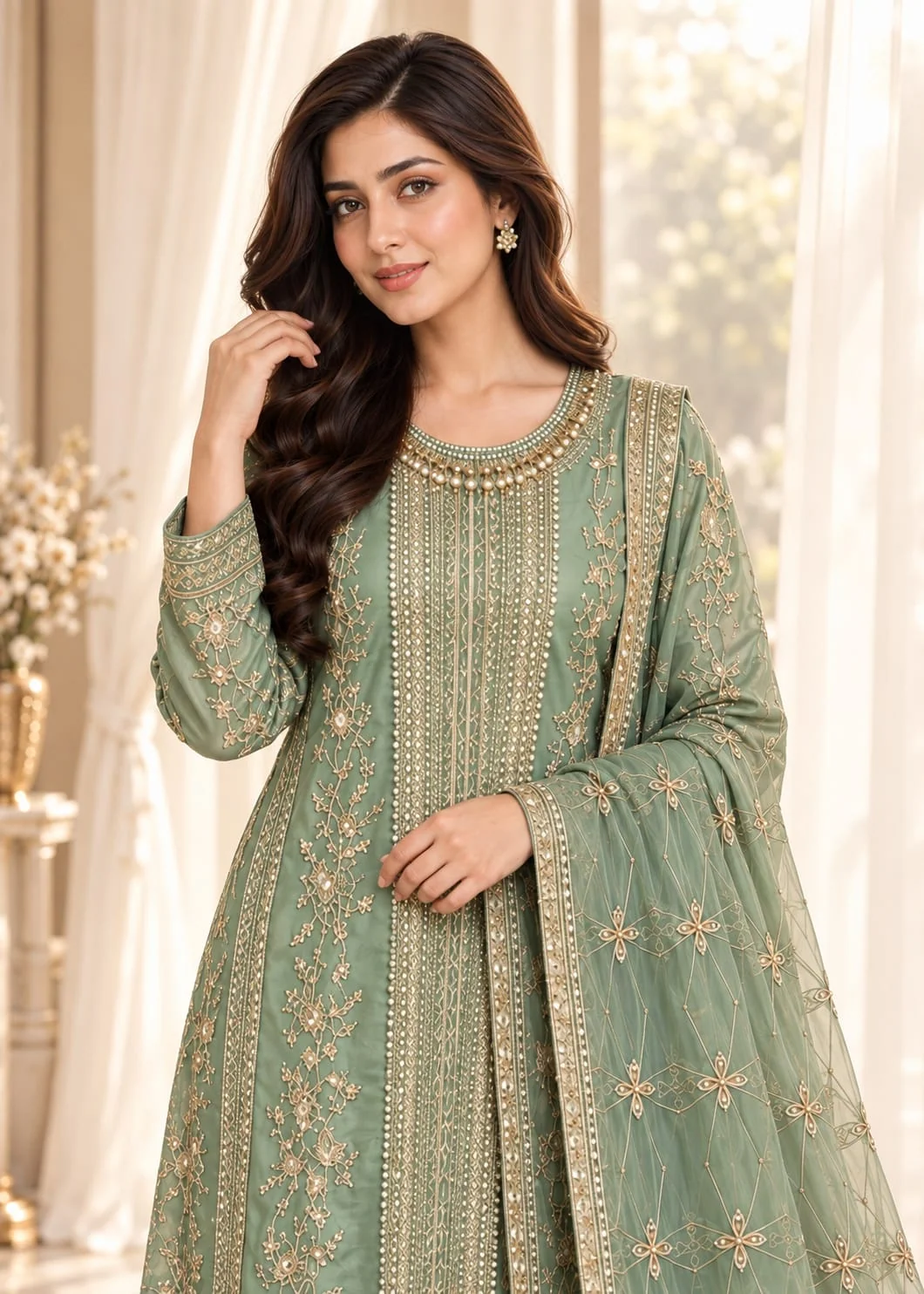 organza Kurta Set in Pistachio green - view 3