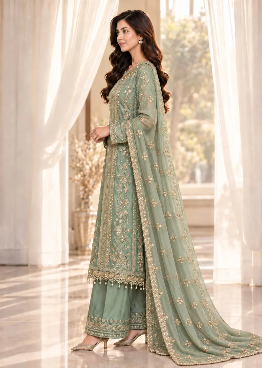 organza Kurta Set in Pistachio green - view 2