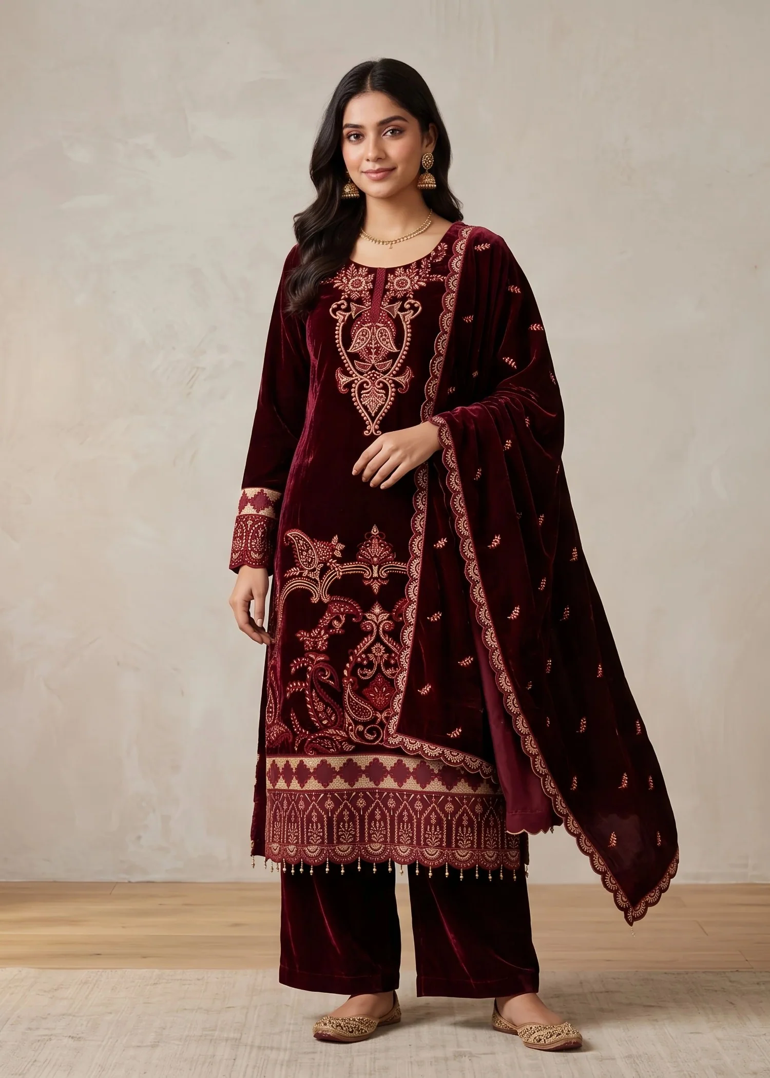 pashmina velvet Kurta Set in Maroon