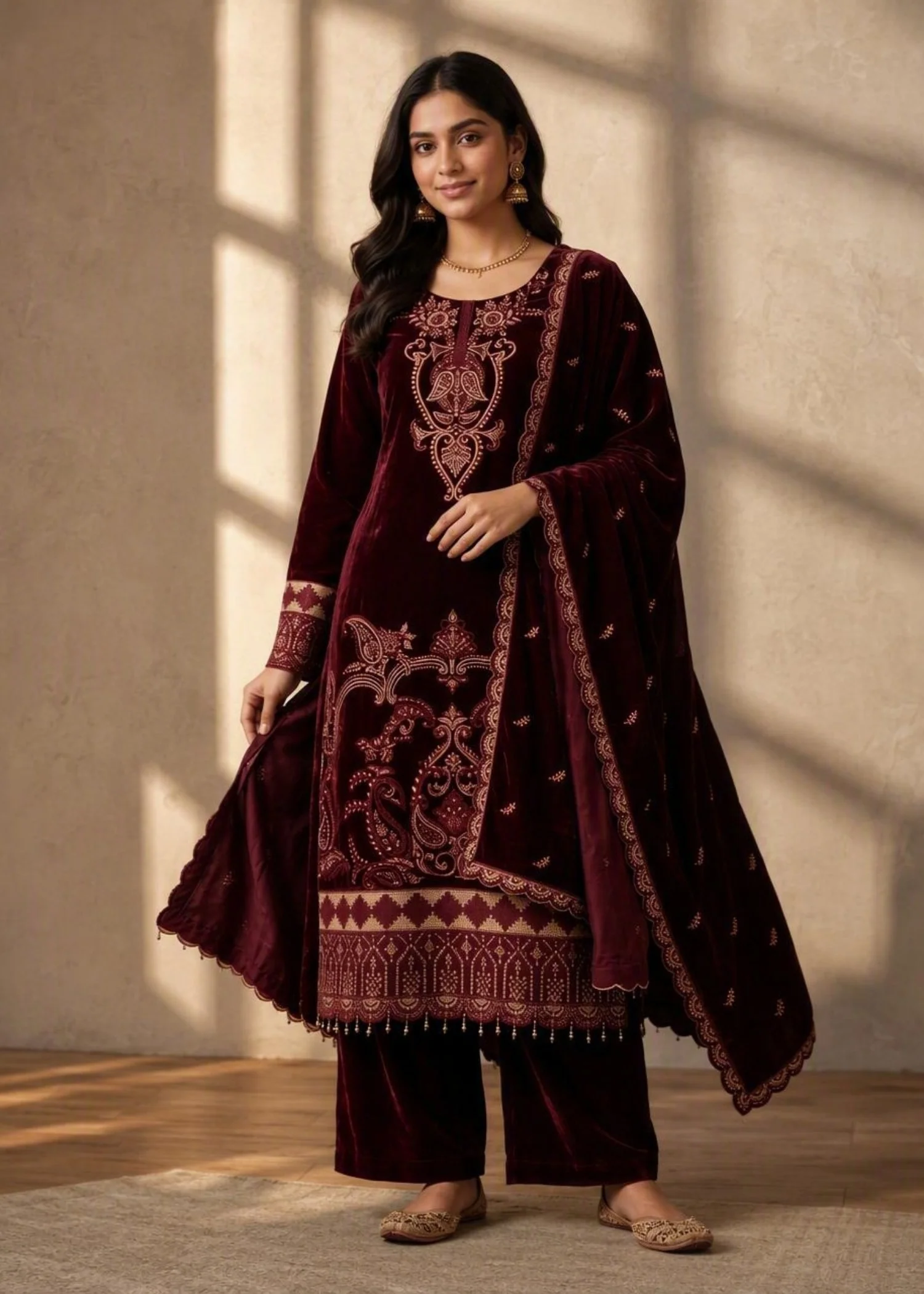 pashmina velvet Kurta Set in Maroon - view 4
