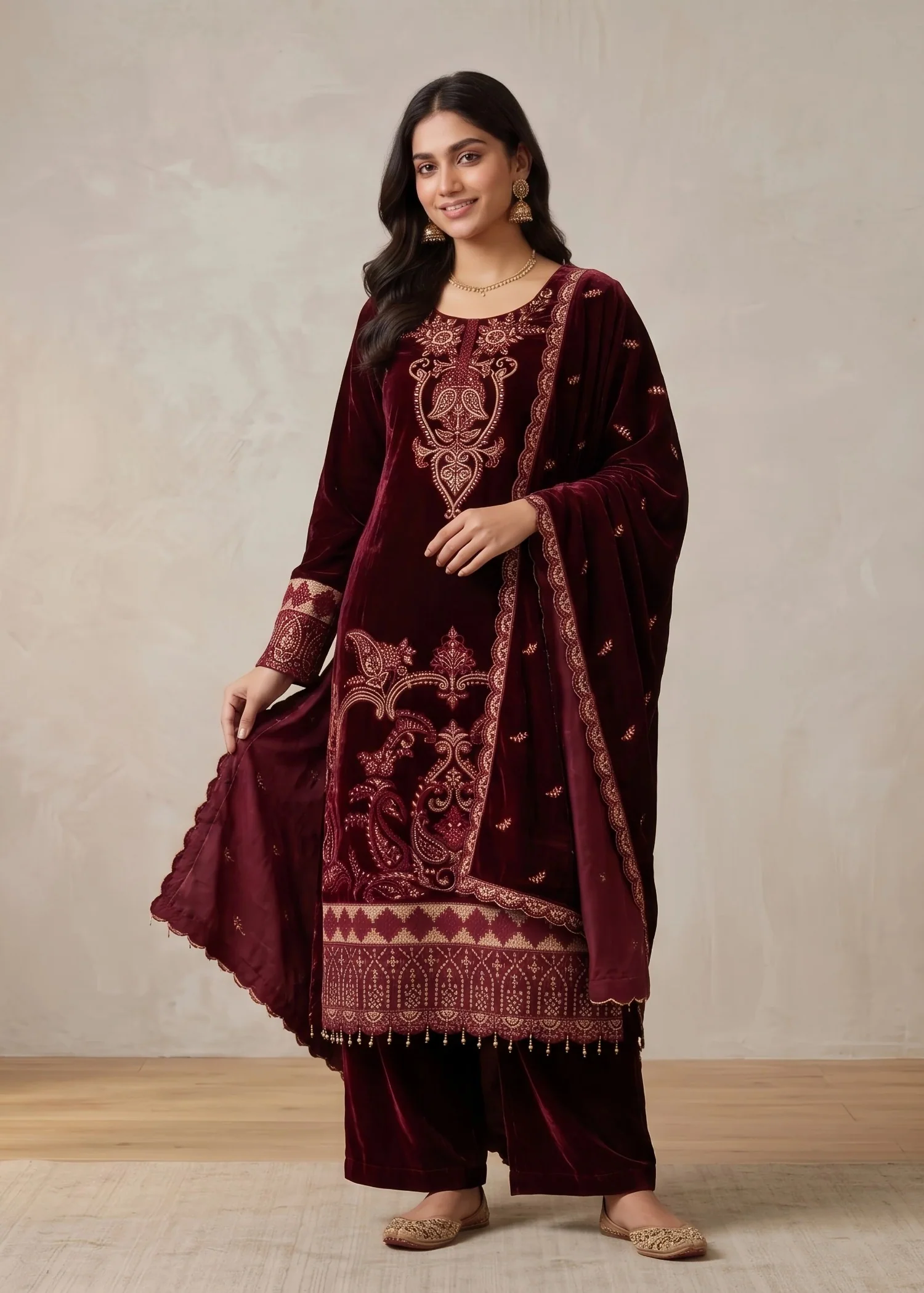pashmina velvet Kurta Set in Maroon - view 2
