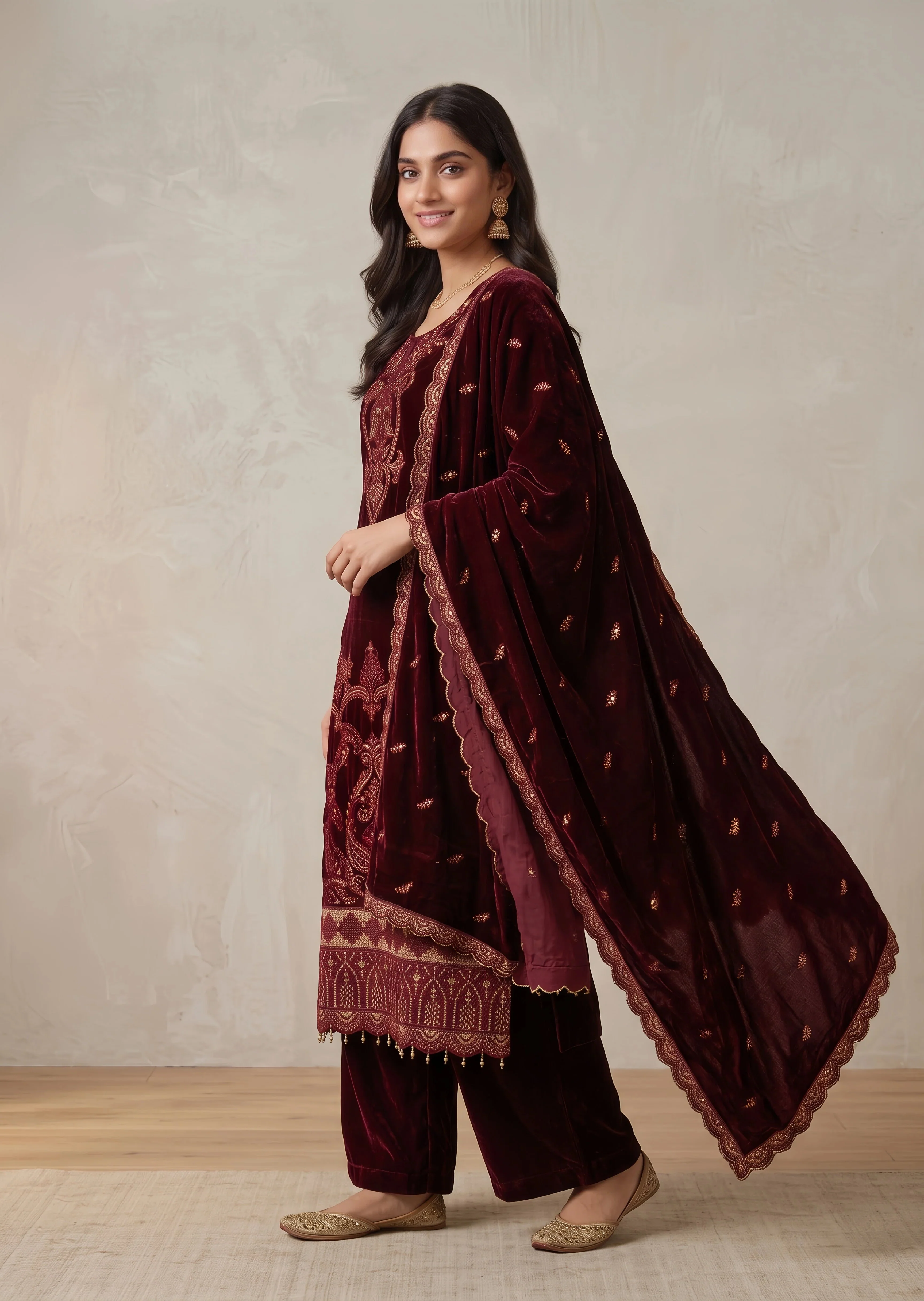 pashmina velvet Kurta Set in Maroon - view 3