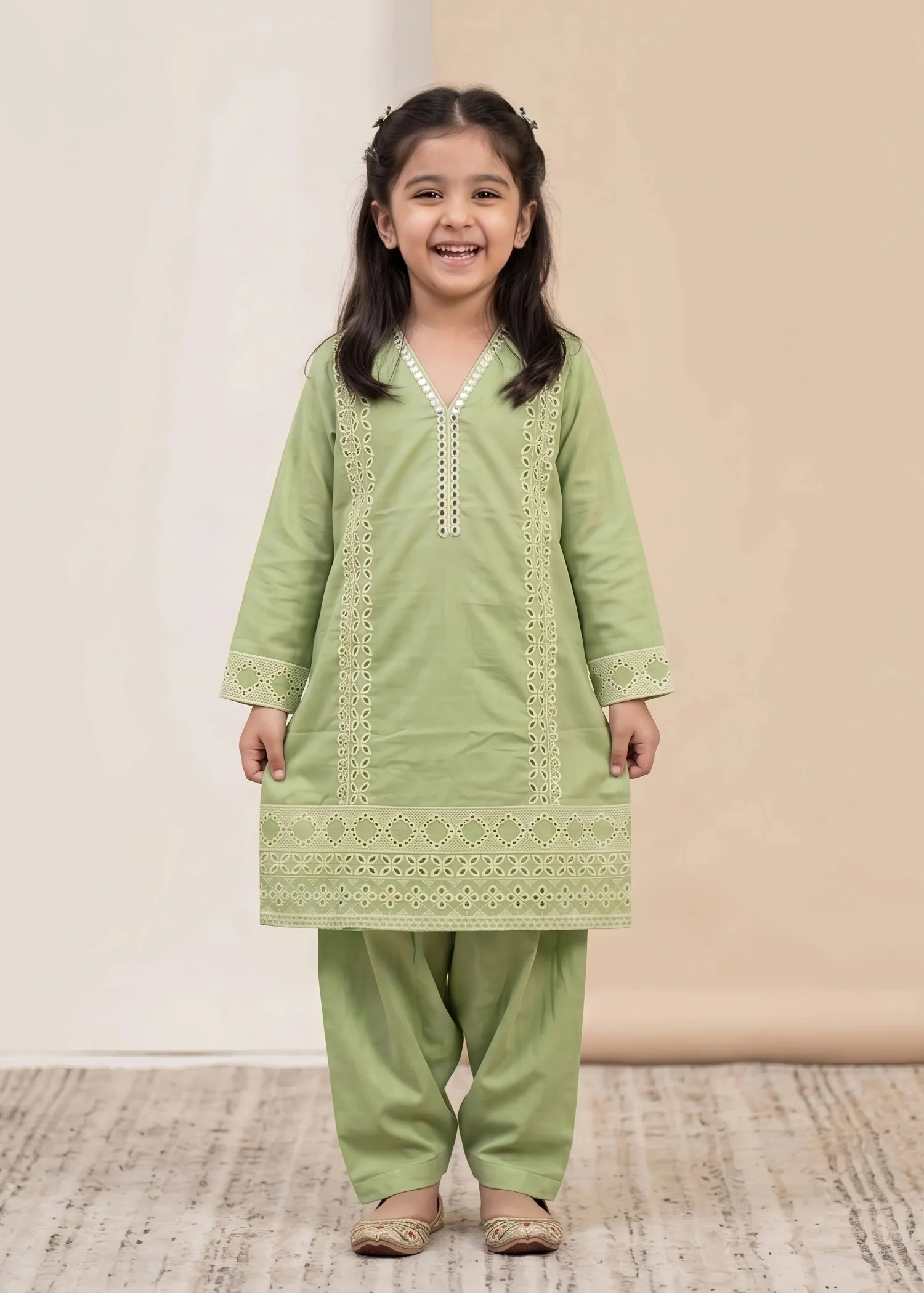 cambric cotton Kurta Set in Pistachio green