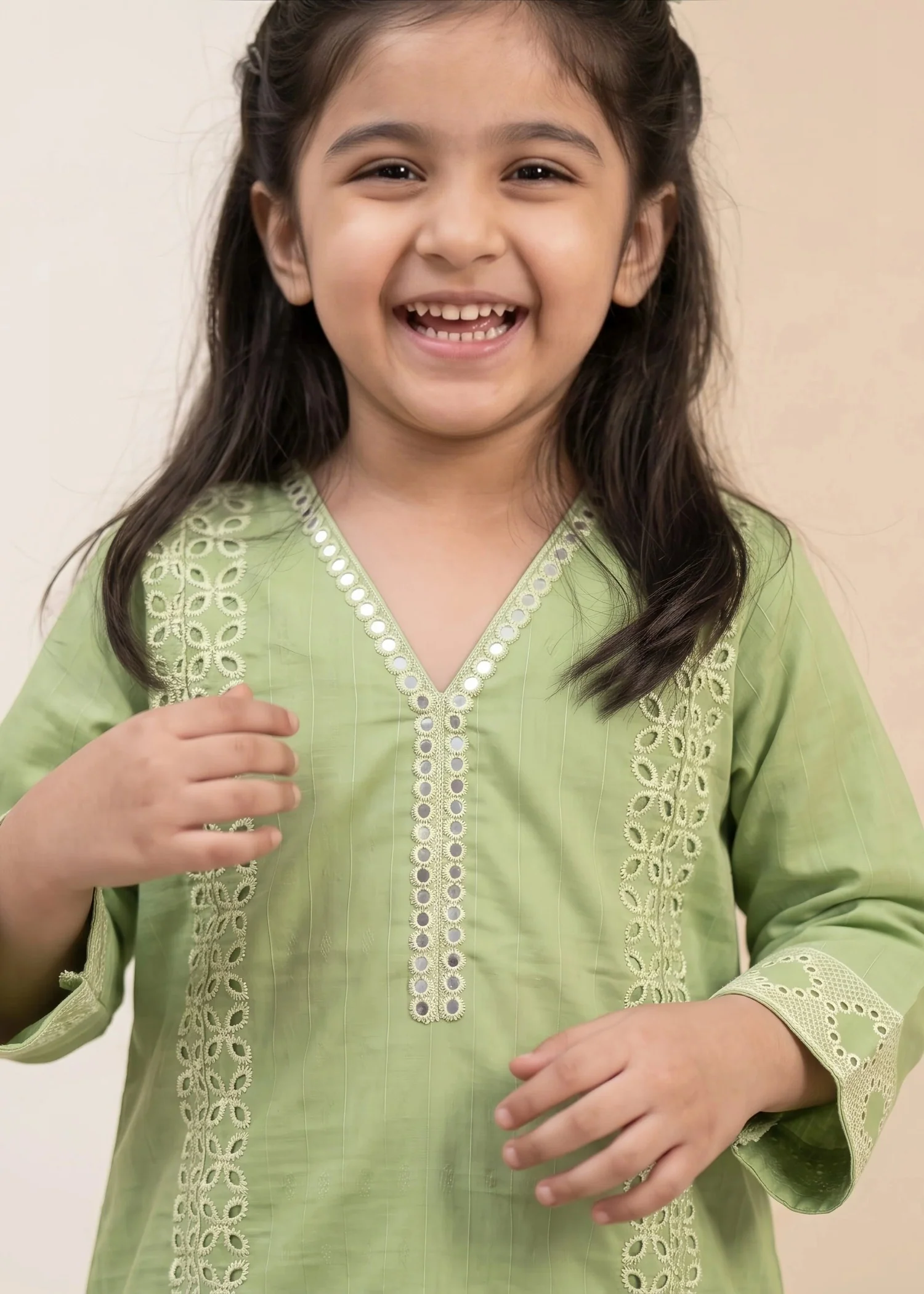 cambric cotton Kurta Set in Pistachio green - view 2