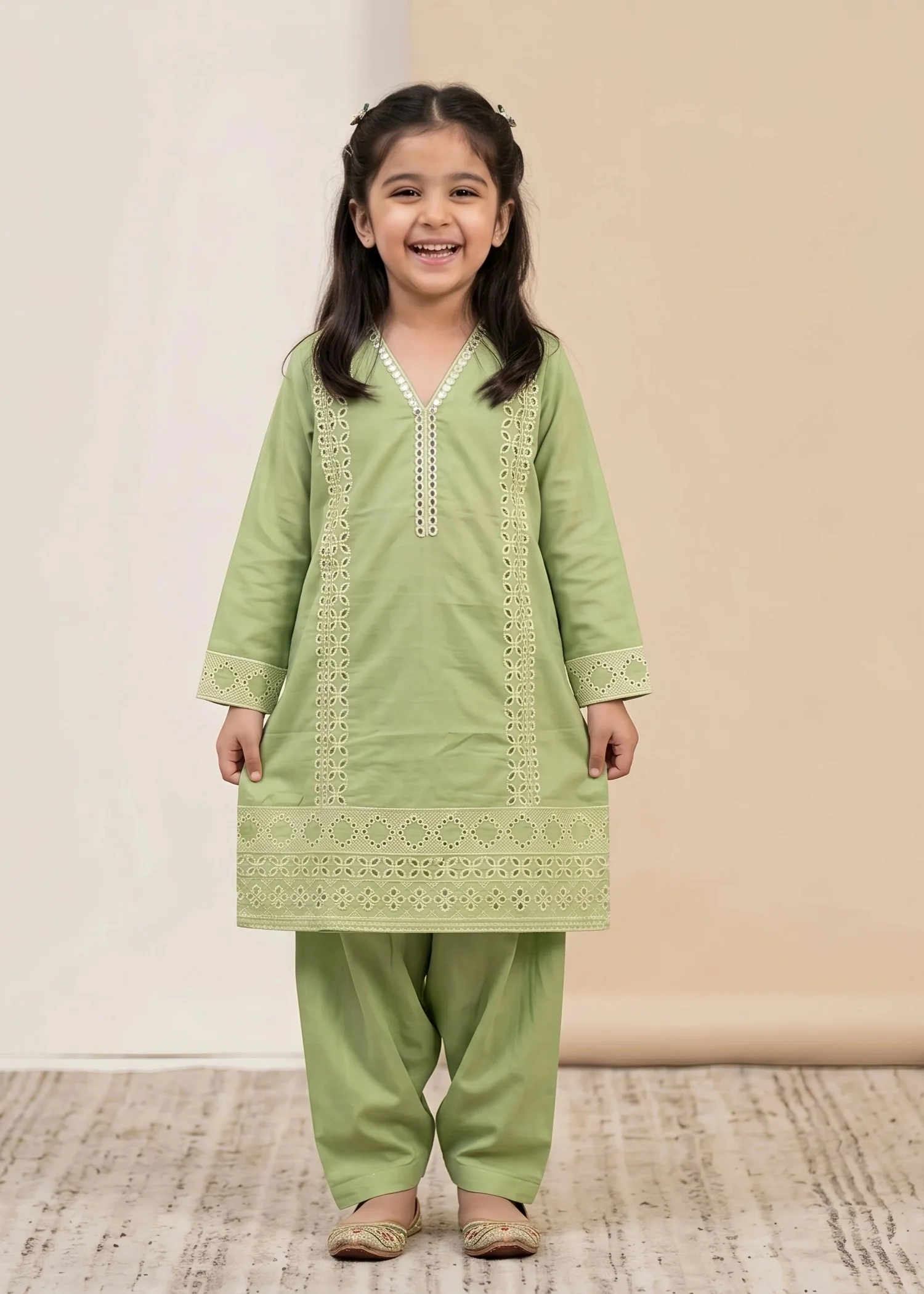 cambric cotton Kurta Set in Pistachio green - view 4