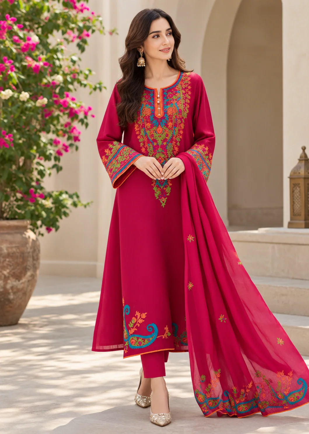 linen Kurta Set in Red
