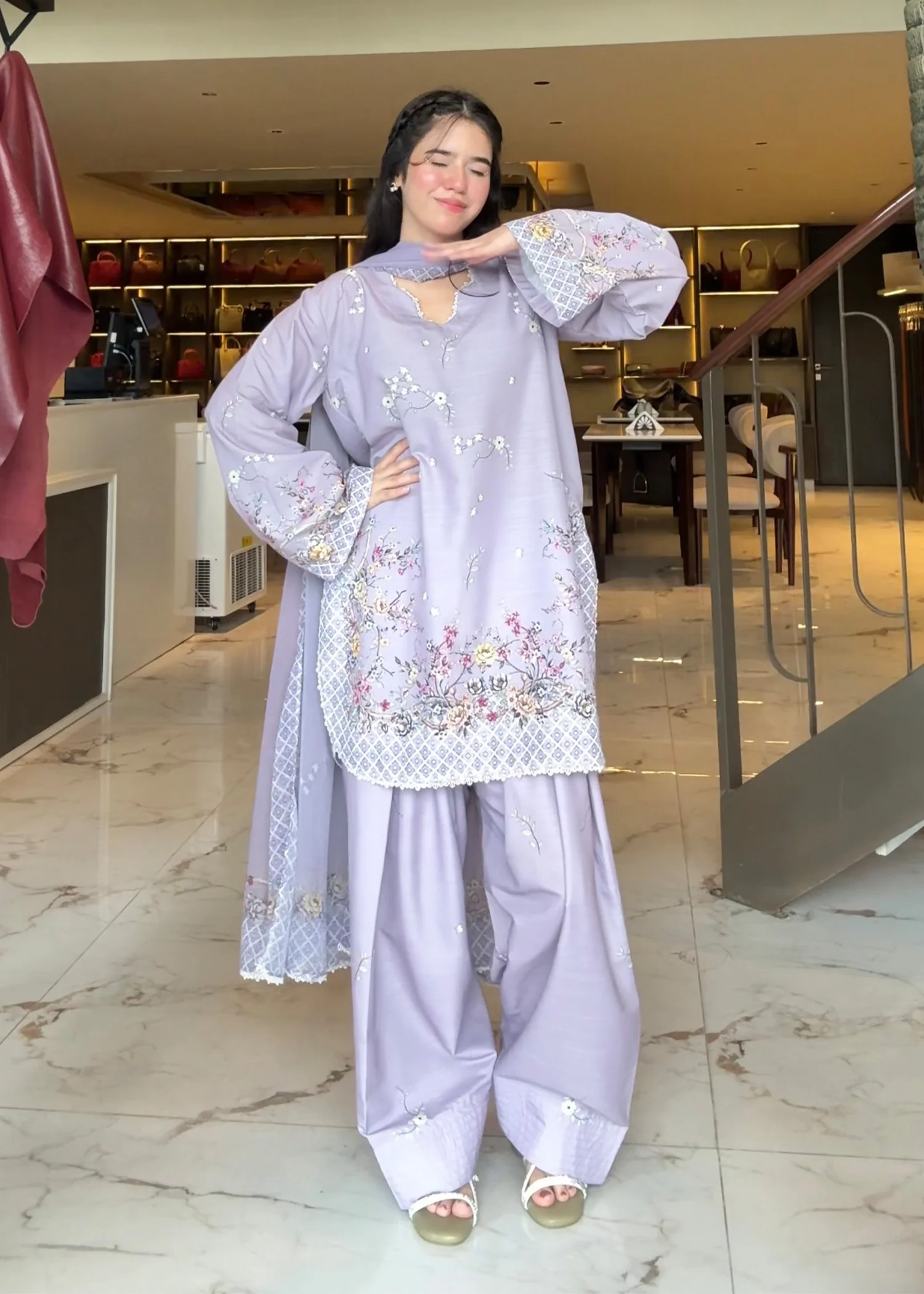 raw silk Kurta Set in Lilac - view 2