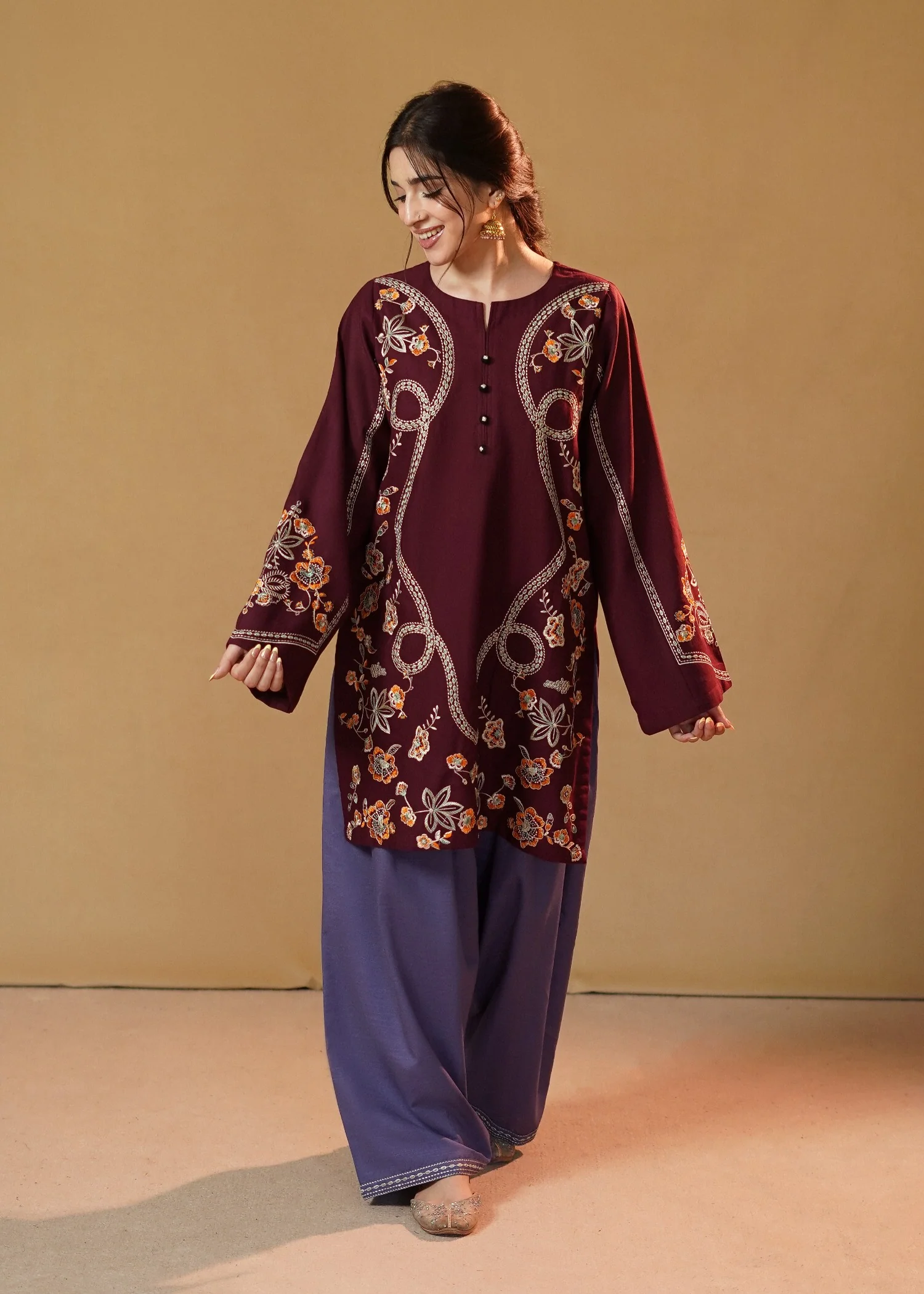 slub khaddar Kurta Set in Lilac, plum purple