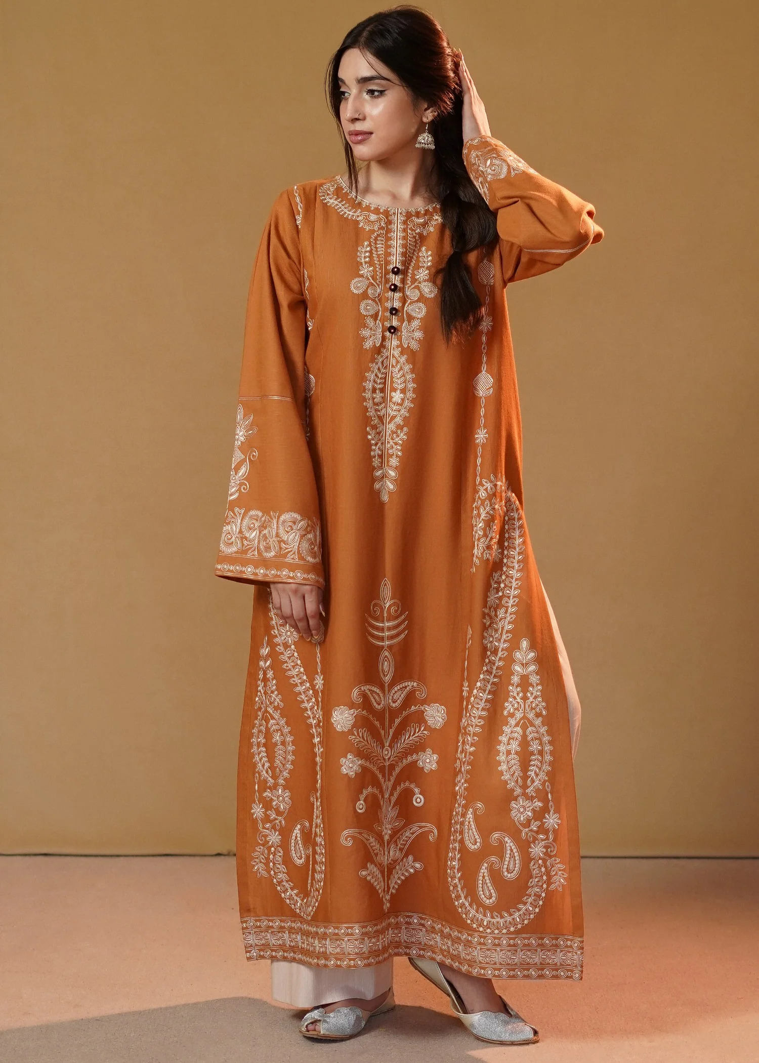 slub khaddar Kurta Set in Rust orange