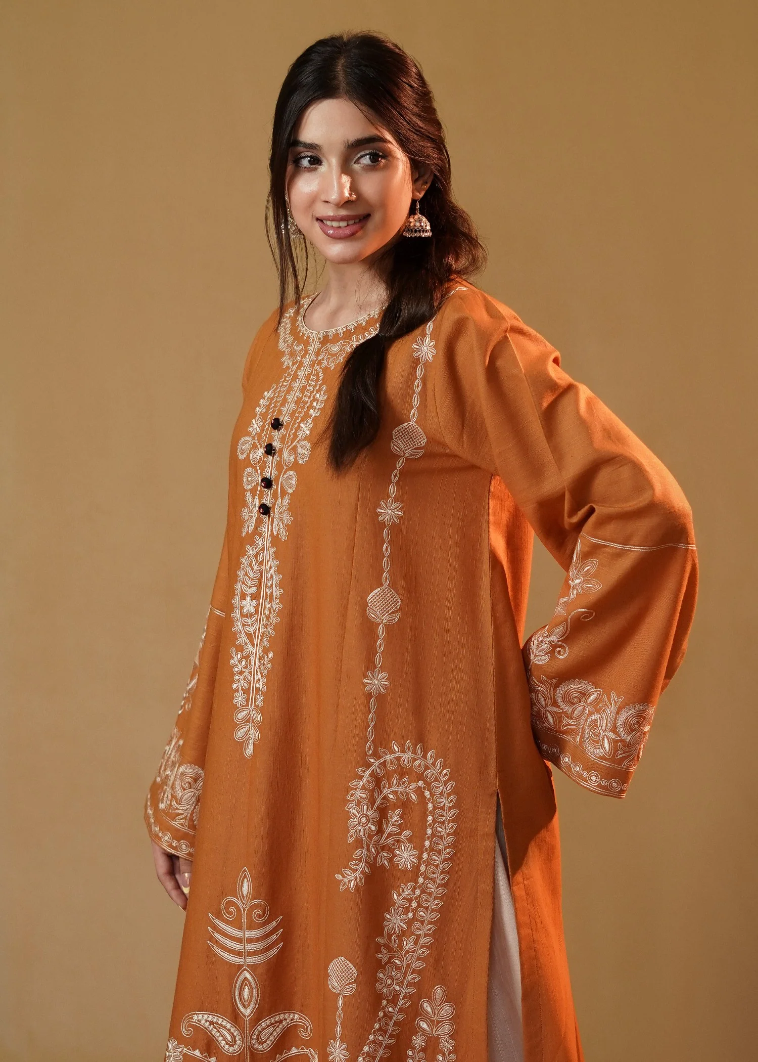 slub khaddar Kurta Set in Rust orange - view 3