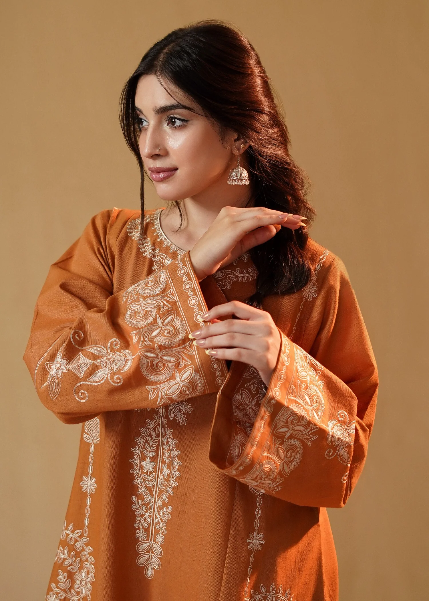 slub khaddar Kurta Set in Rust orange - view 4